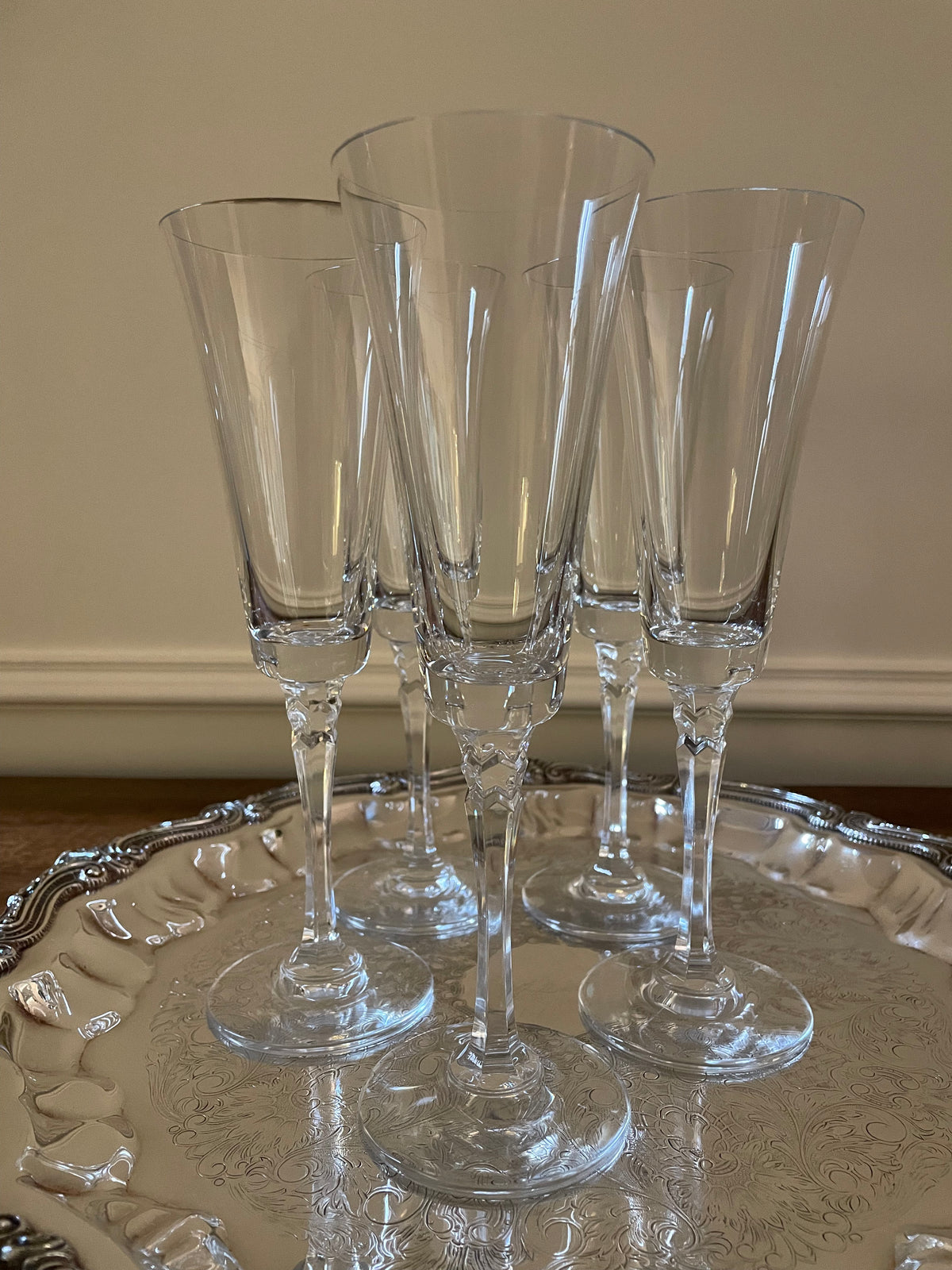 Set of 5 Vintage Towle Tudor Crystal Champagne, Wine, Cocktail Glasses