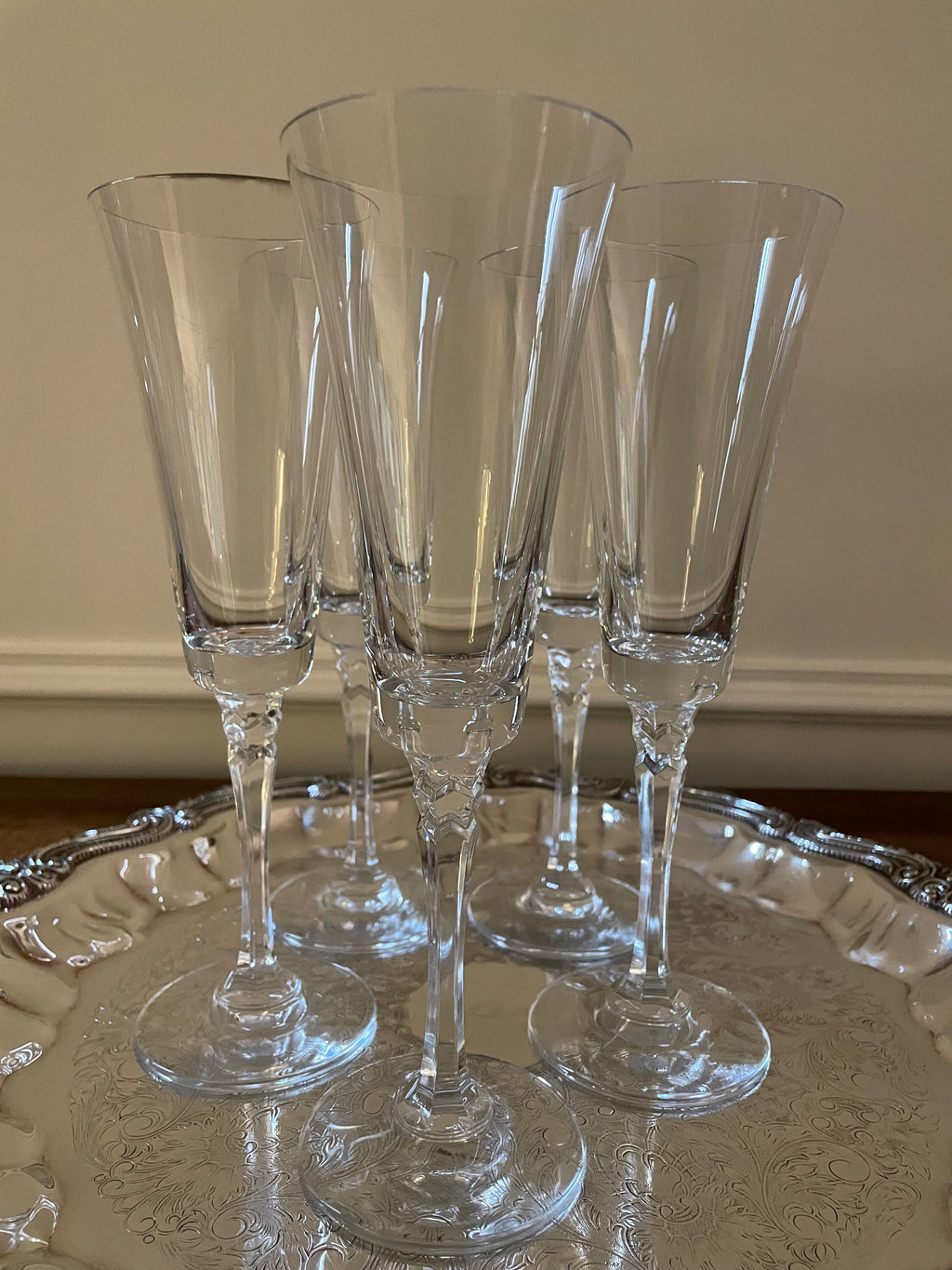 Set of 5 Vintage Towle Tudor Crystal Champagne, Wine, Cocktail Glasses