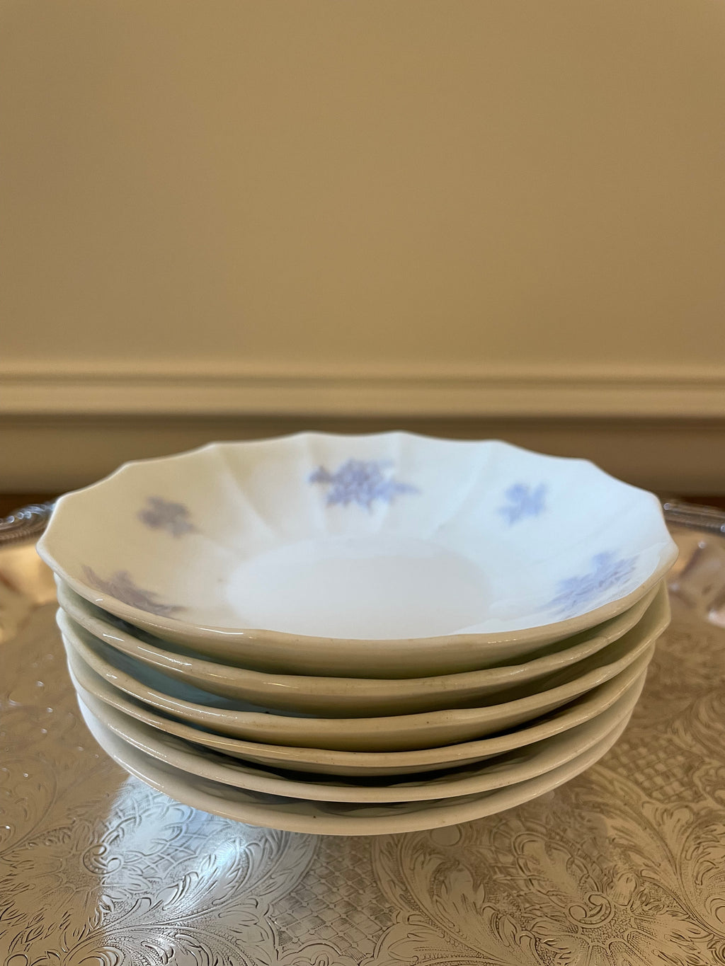Antique Adderley “Chelsea” English Bone China Cocktail & Dessert Plates, Mixed Botanical Set of 6, c. 1912–1926