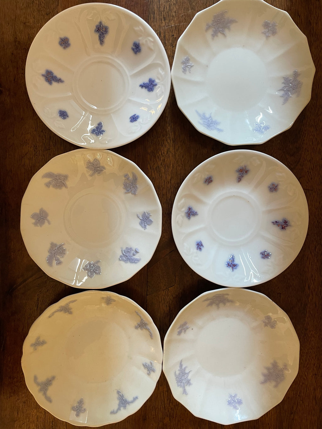 Antique Adderley “Chelsea” English Bone China Cocktail & Dessert Plates, Mixed Botanical Set of 6, c. 1912–1926