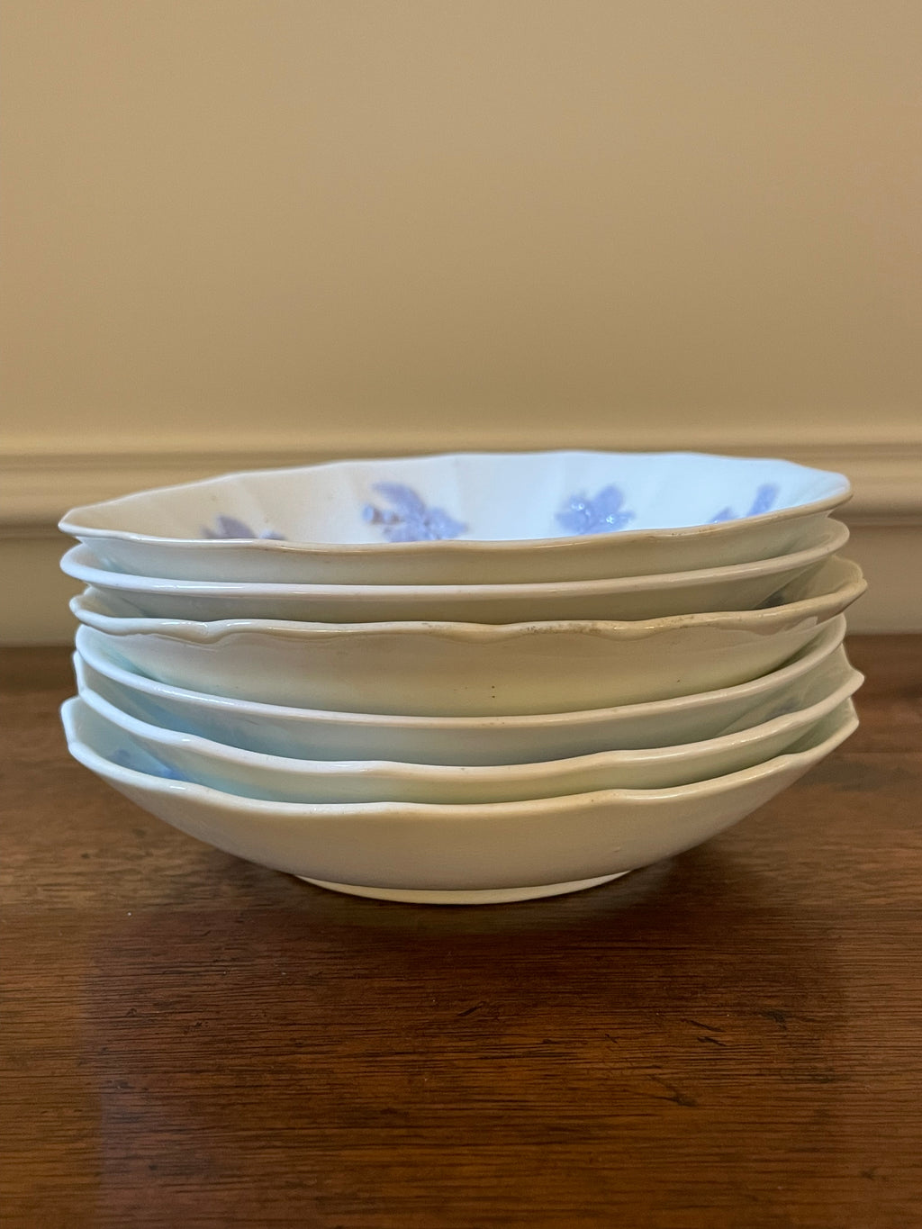 Antique Adderley “Chelsea” English Bone China Cocktail & Dessert Plates, Mixed Botanical Set of 6, c. 1912–1926