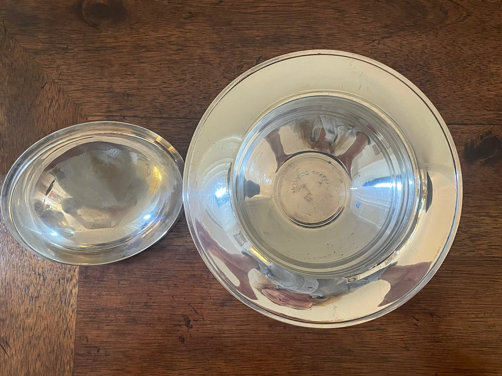 Vintage International Silver Co. Covered Caviar Server with Original Glass Insert & Mother-of-Pearl Spoons
