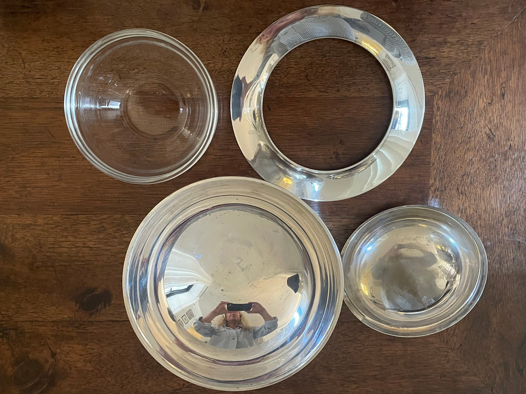Vintage International Silver Co. Covered Caviar Server with Original Glass Insert & Mother-of-Pearl Spoons