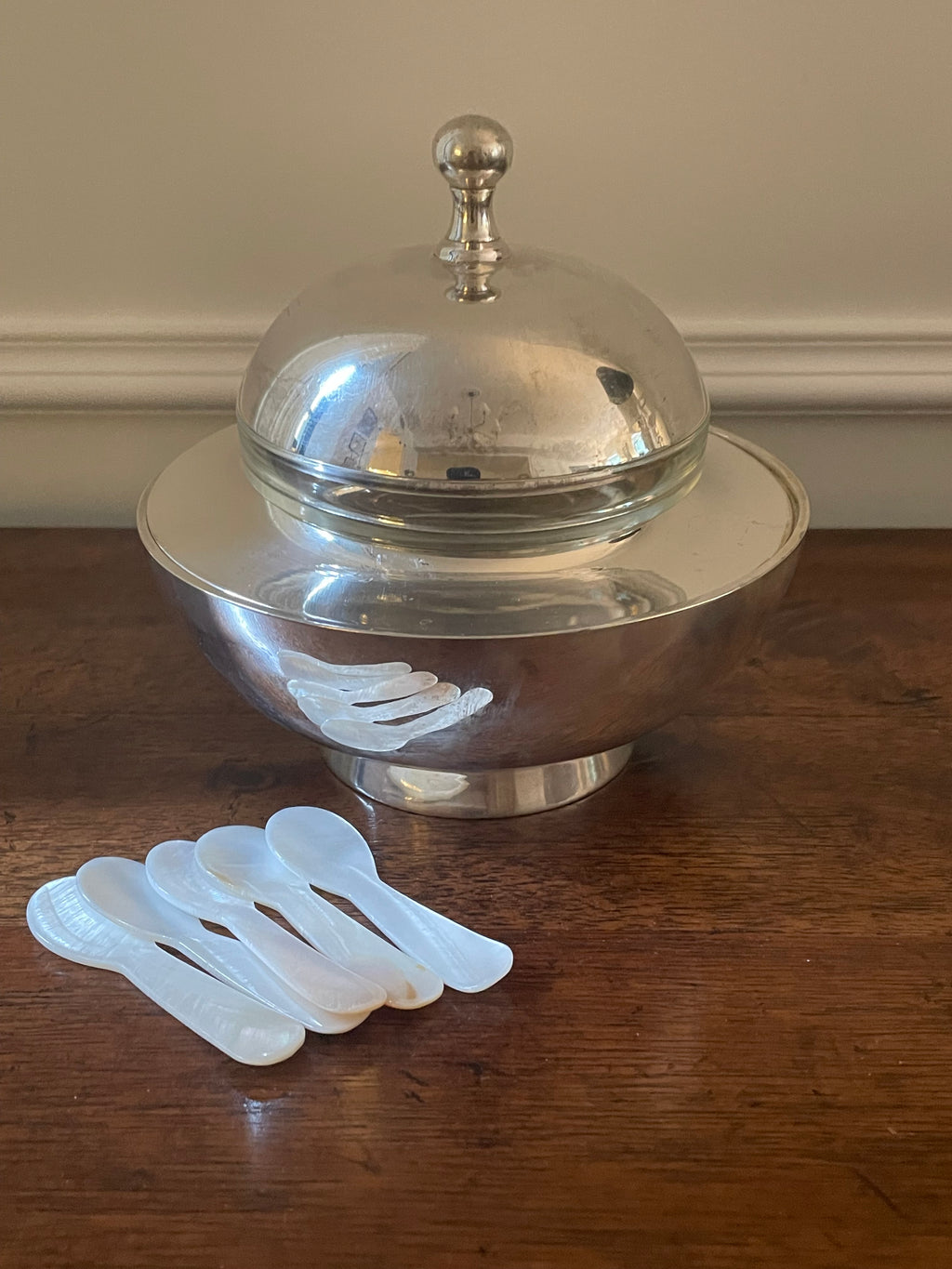Vintage International Silver Co. Covered Caviar Server with Original Glass Insert & Mother-of-Pearl Spoons