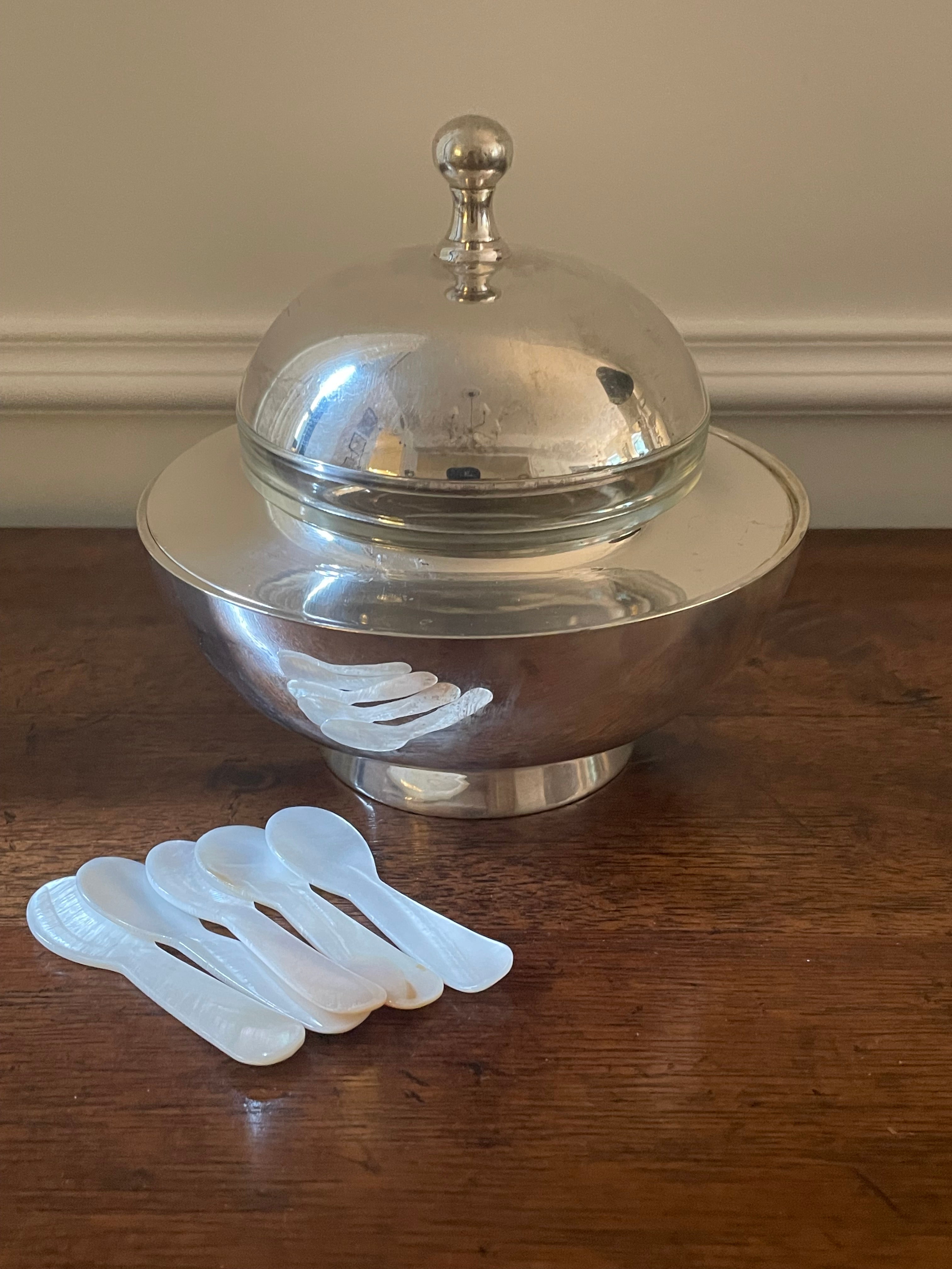 Vintage International Silver Co. Covered Caviar Server with Original Glass Insert & Mother-of-Pearl Spoons