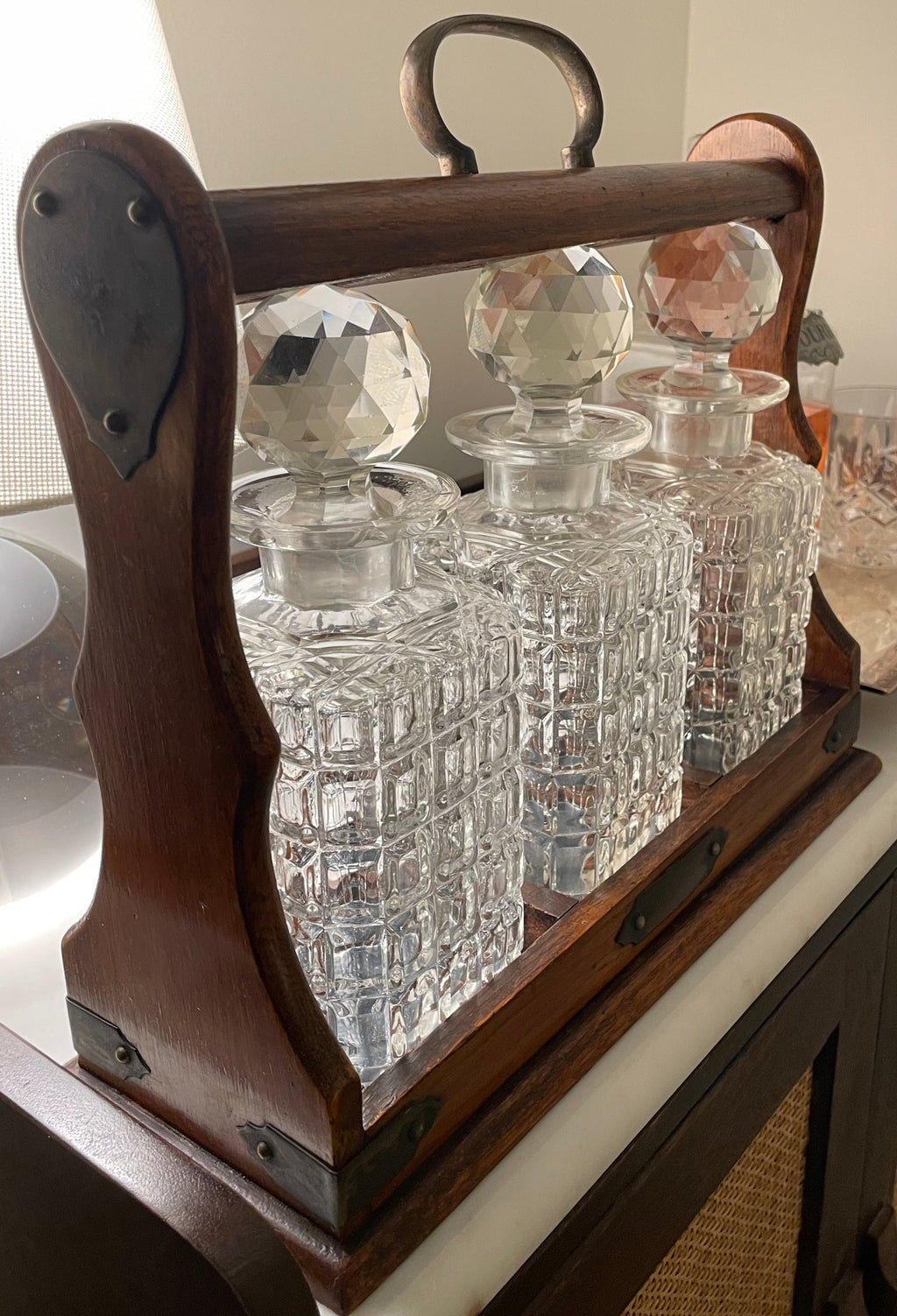 Antique Oak Tantalus with Three Original Crystal Decanters, c. Late 1800s