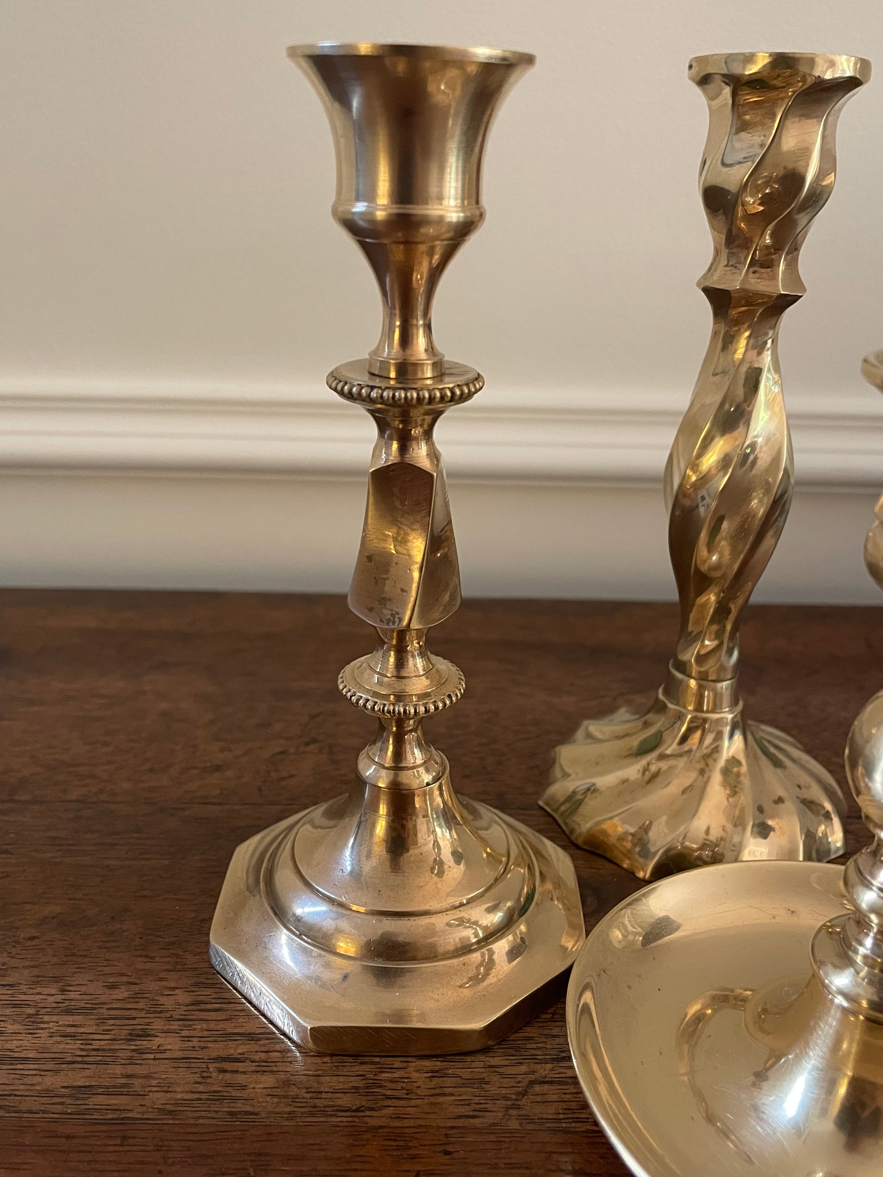Vintage Solid Brass Candlesticks, Collected Set of Three