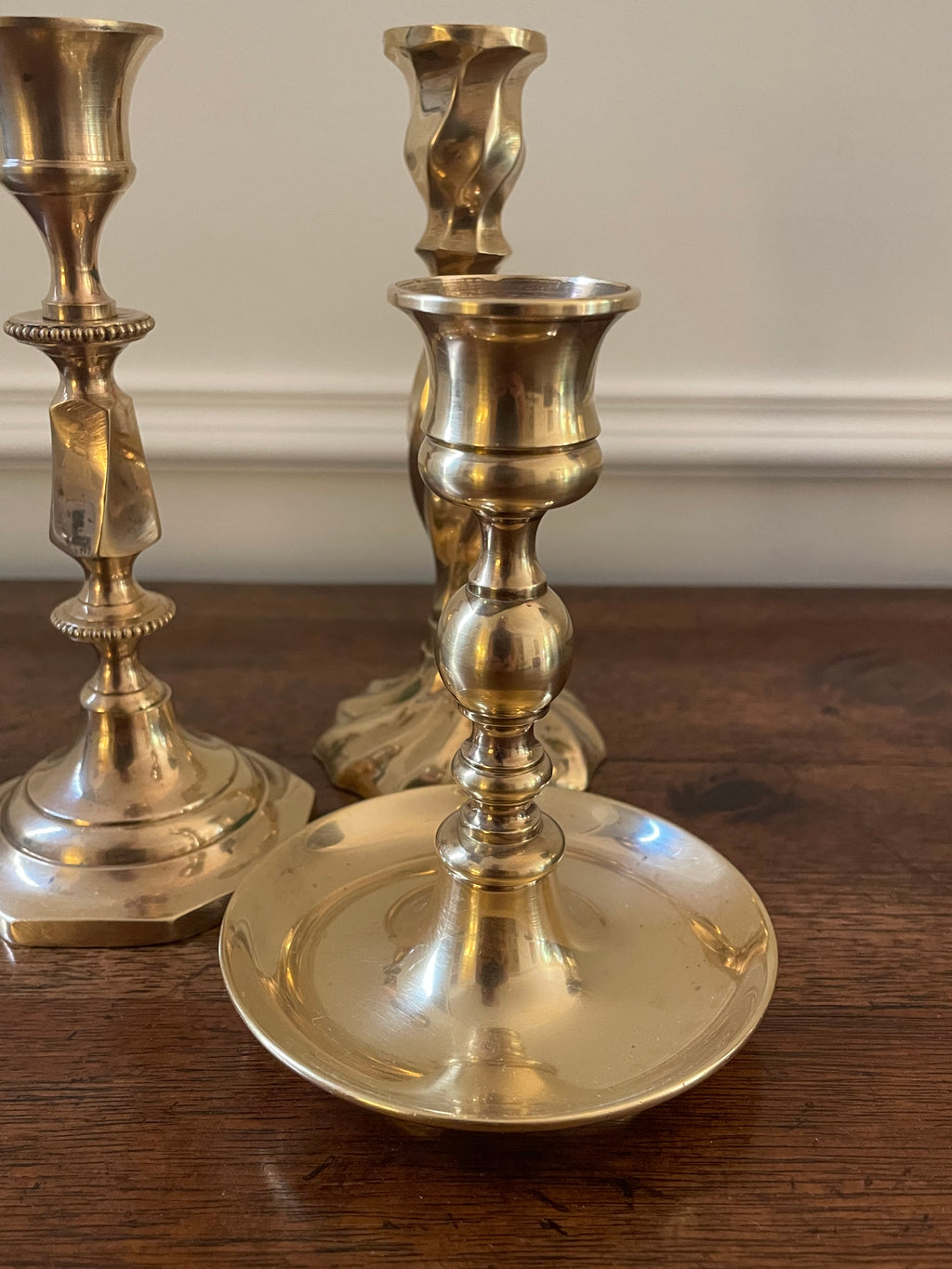 Vintage Solid Brass Candlesticks, Collected Set of Three