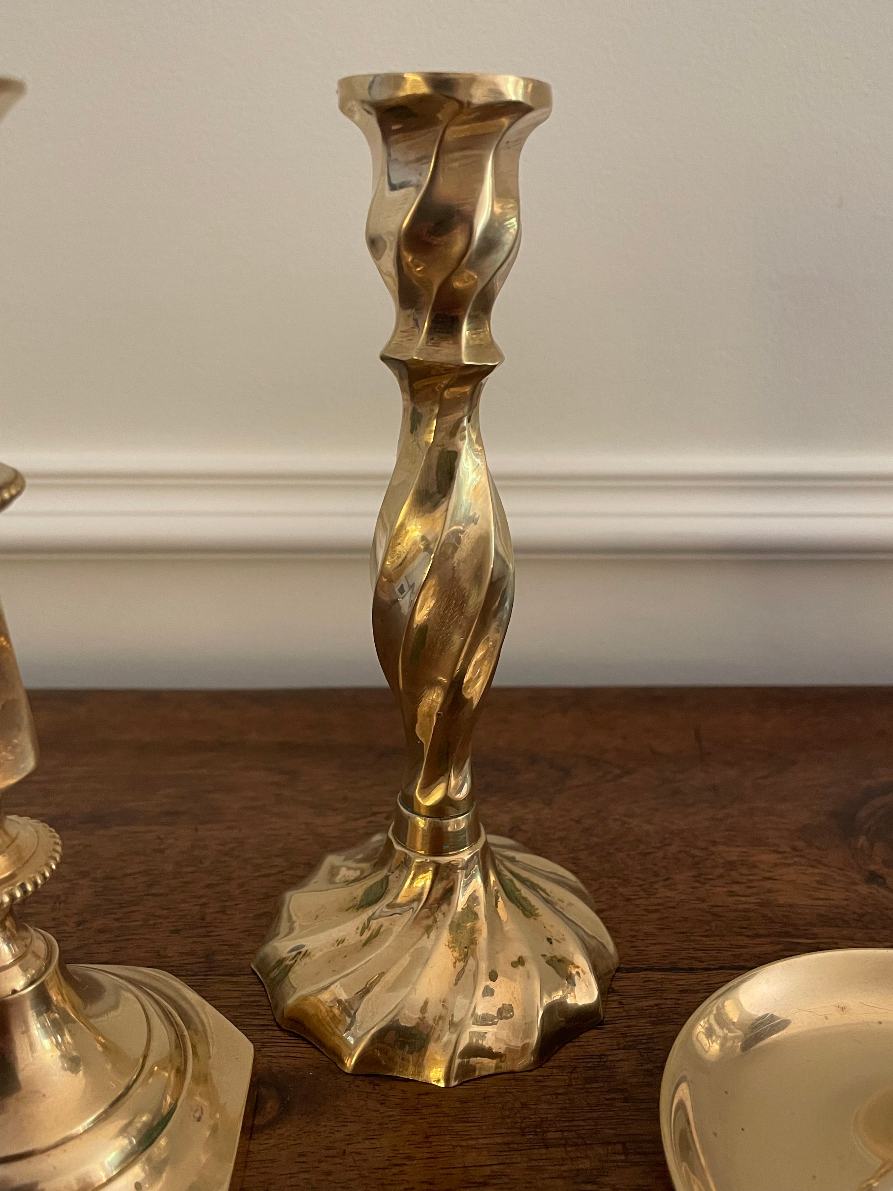Vintage Solid Brass Candlesticks, Collected Set of Three
