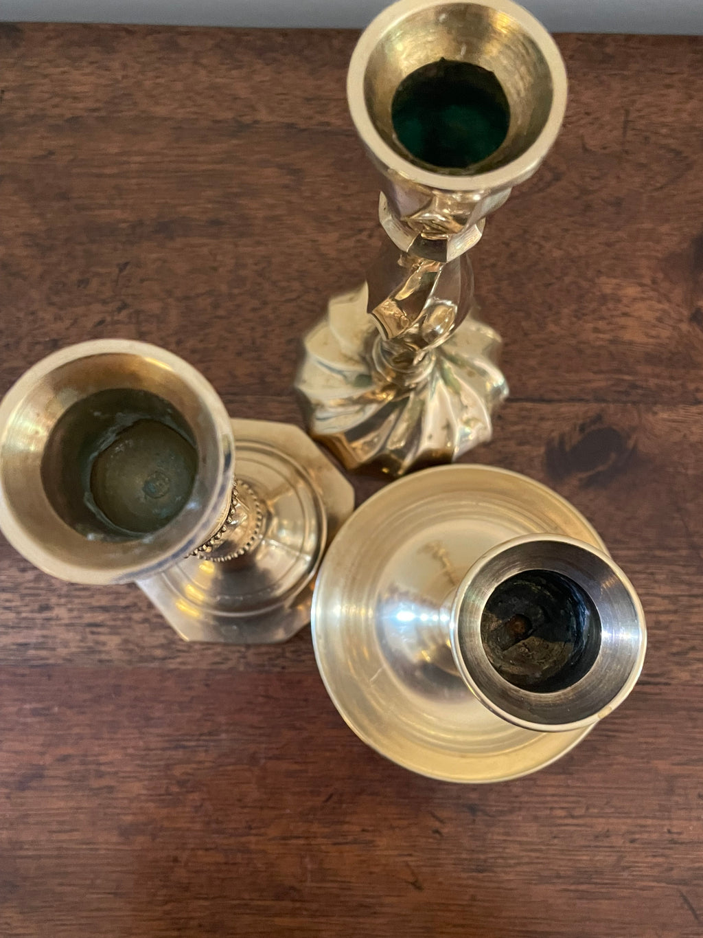 Vintage Solid Brass Candlesticks, Collected Set of Three