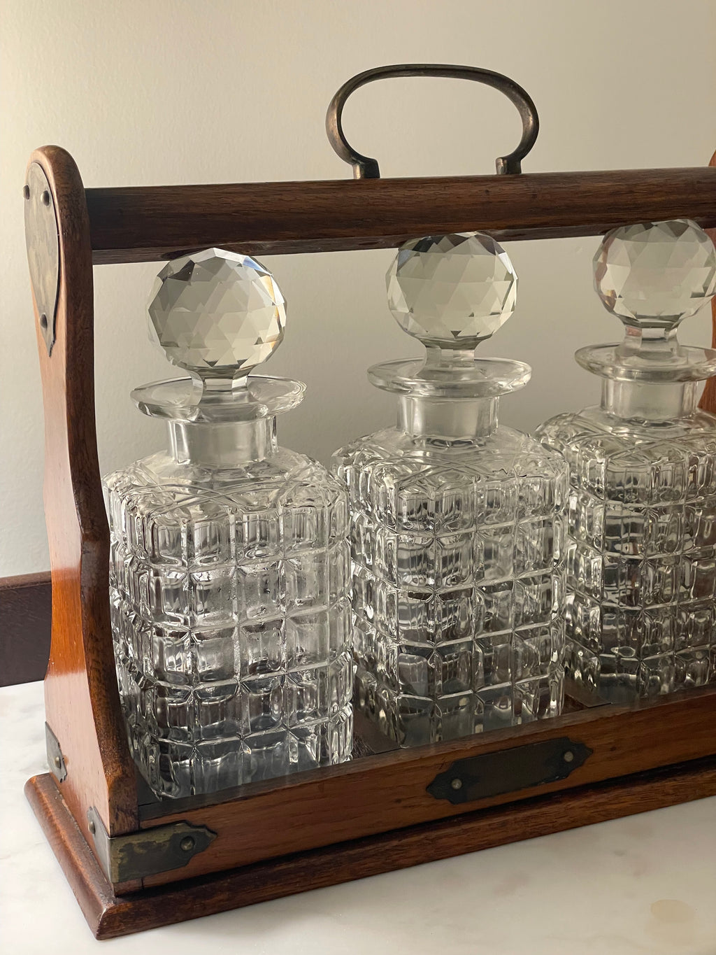 Antique Oak Tantalus with Three Original Crystal Decanters, c. Late 1800s