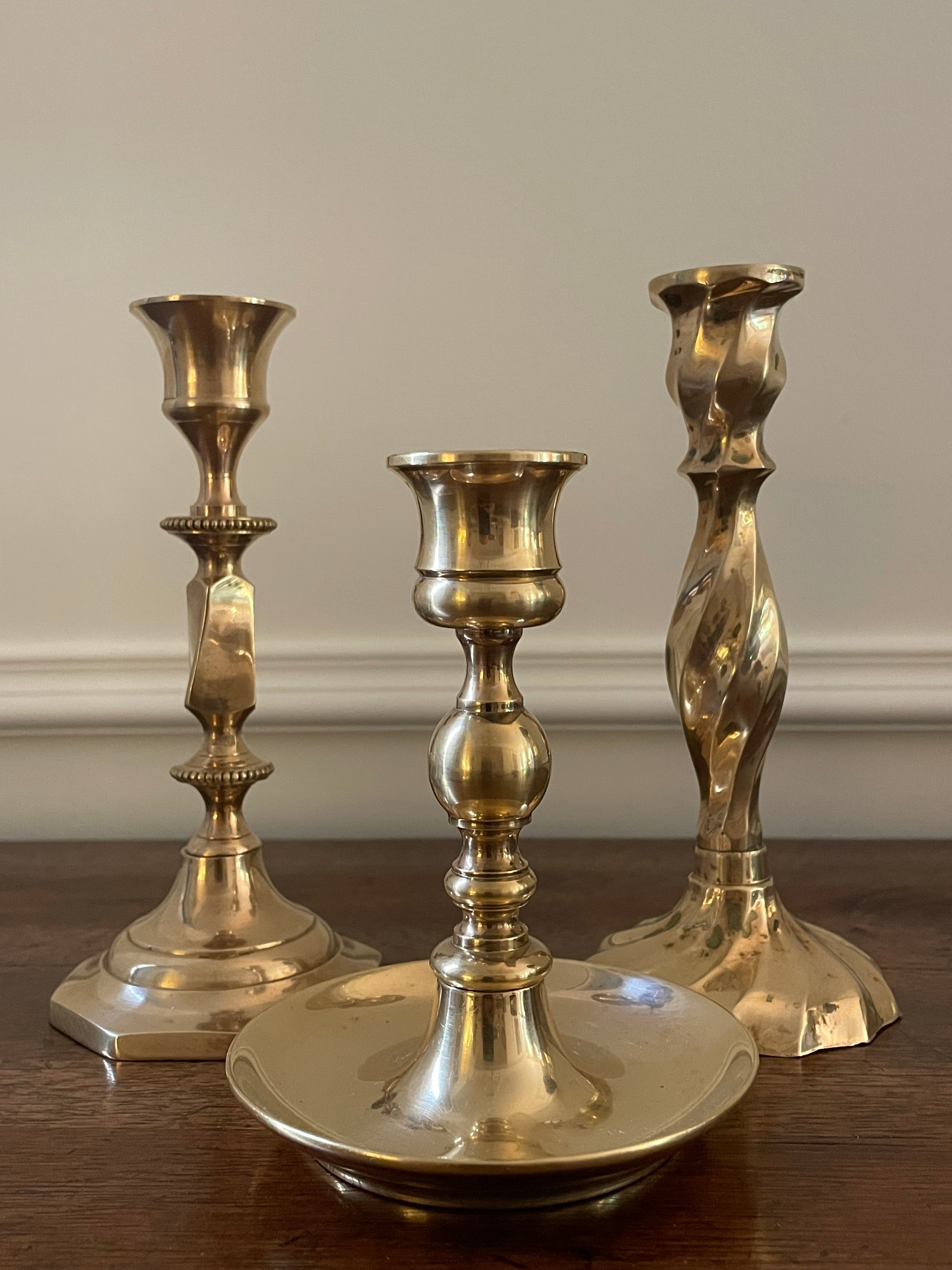 Vintage Solid Brass Candlesticks, Collected Set of Three