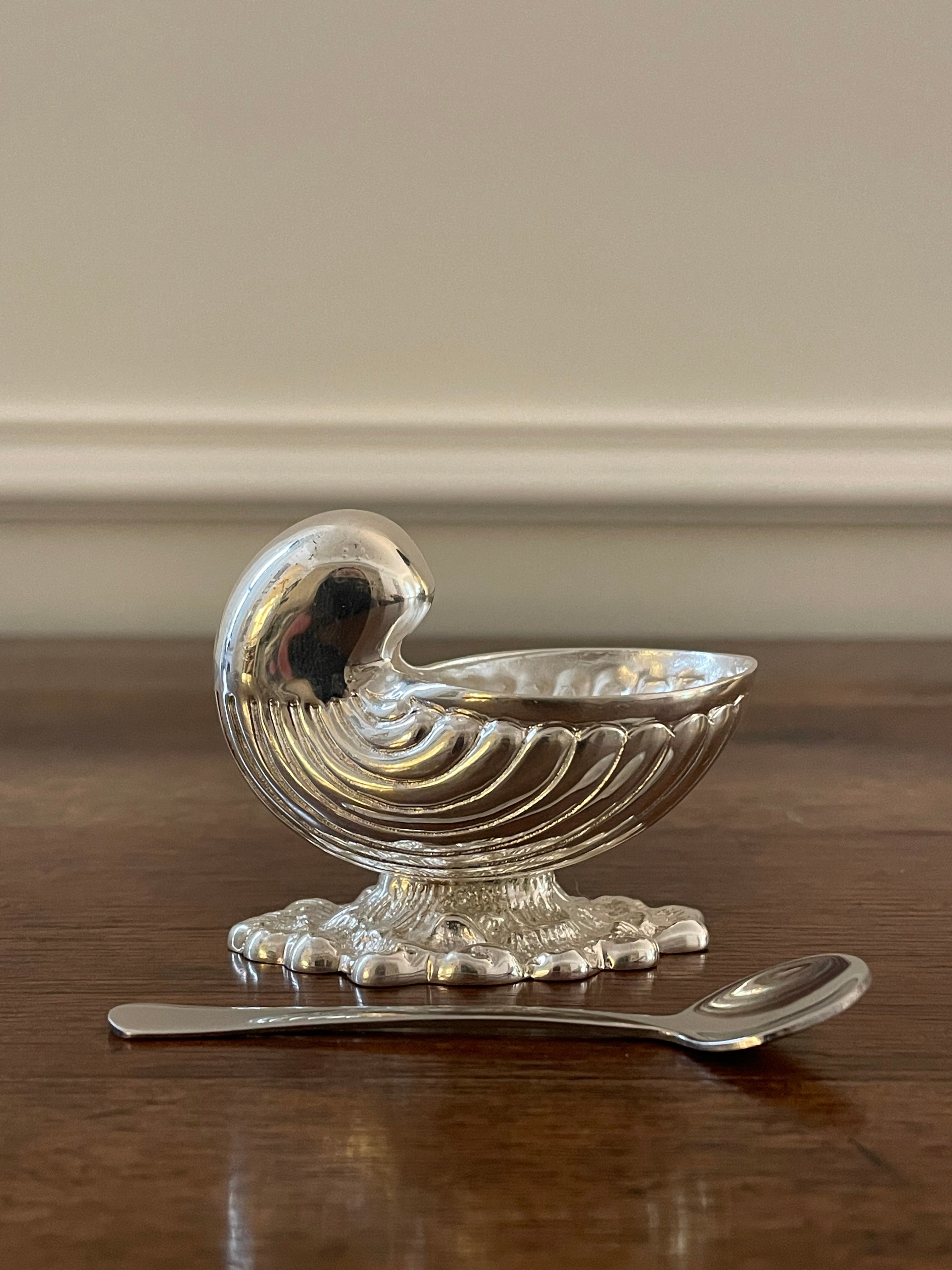 Antique Silverplate Nautilus Shell Salt Cellar with Spoon
