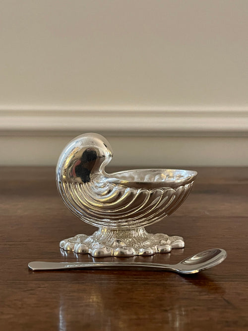 Antique Silverplate Nautilus Shell Salt Cellar with Spoon