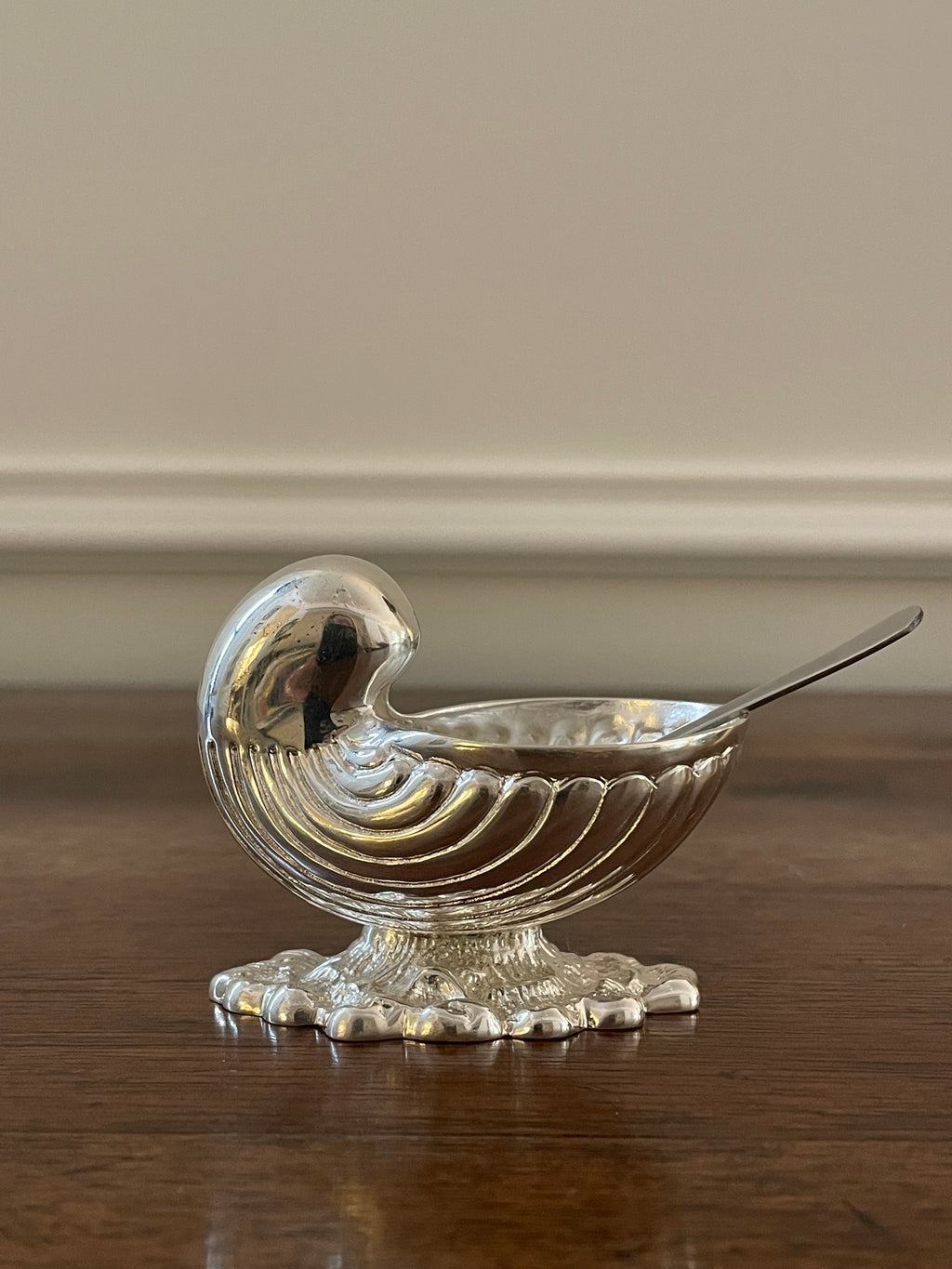 Antique Silverplate Nautilus Shell Salt Cellar with Spoon