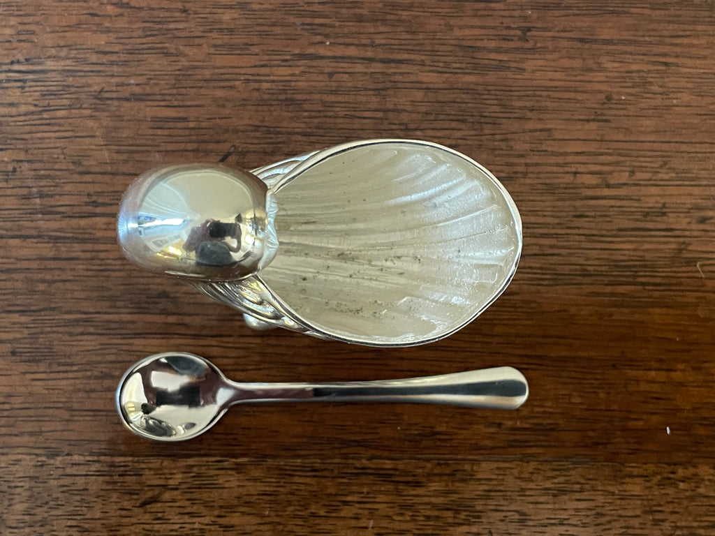 Antique Silverplate Nautilus Shell Salt Cellar with Spoon
