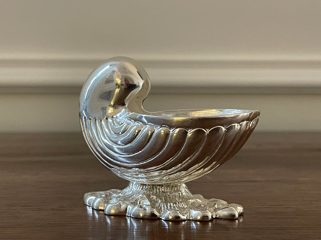 Antique Silverplate Nautilus Shell Salt Cellar with Spoon