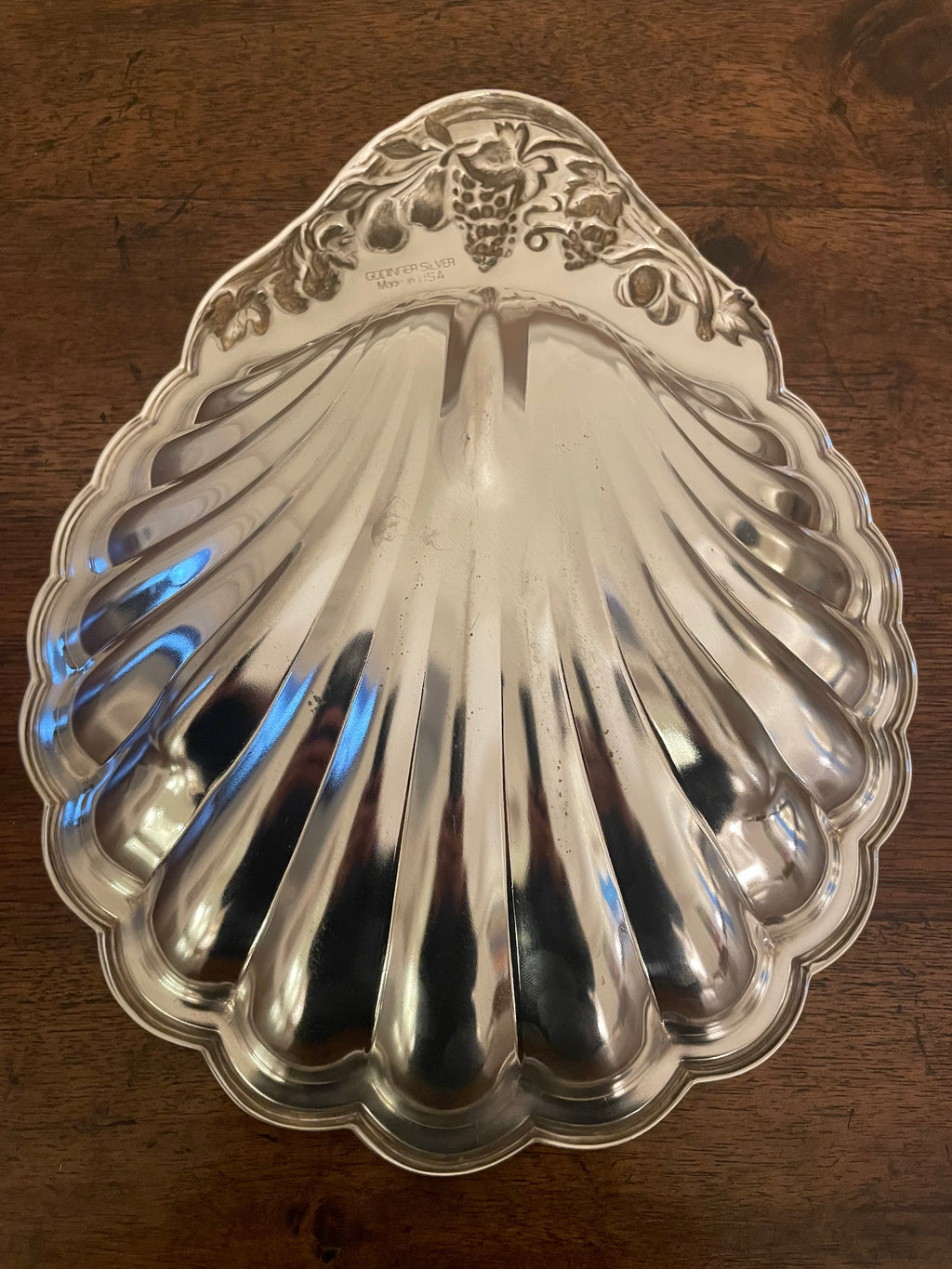 Vintage Godinger “Grape” Silverplate Scallop Shell Serving Dish, Made in USA, 10"