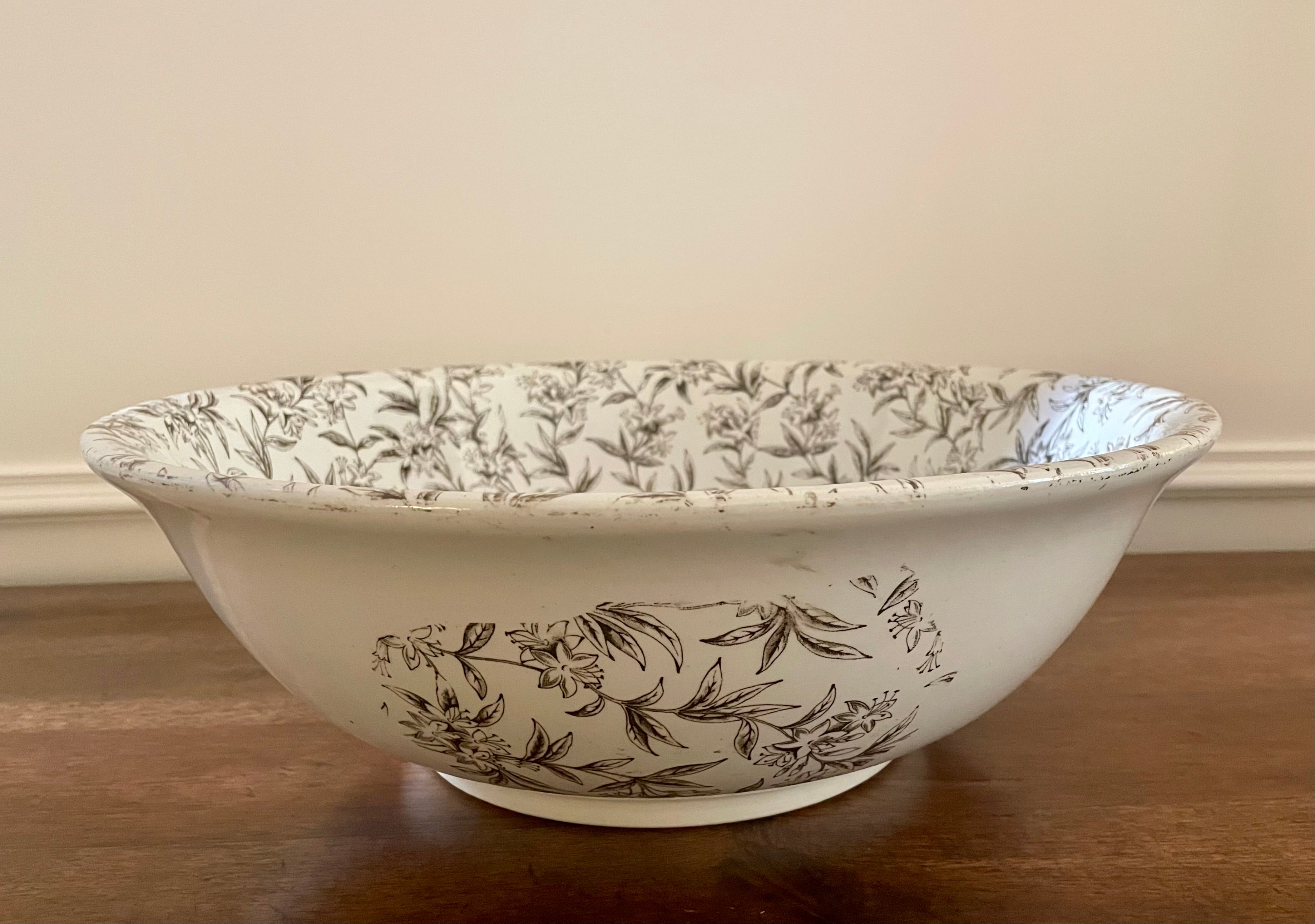 Vintage Black & White Floral Transferware Centerpiece Bowl, 15 inches