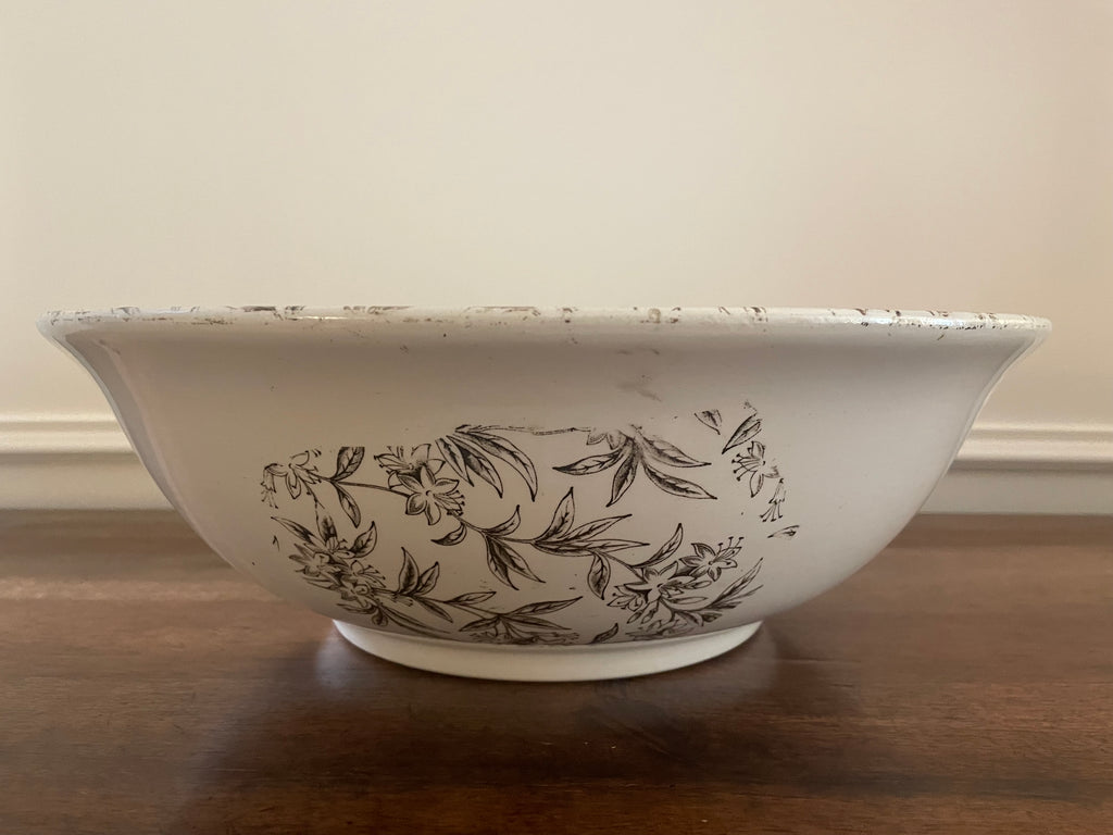 Vintage Black & White Floral Transferware Centerpiece Bowl, 15 inches