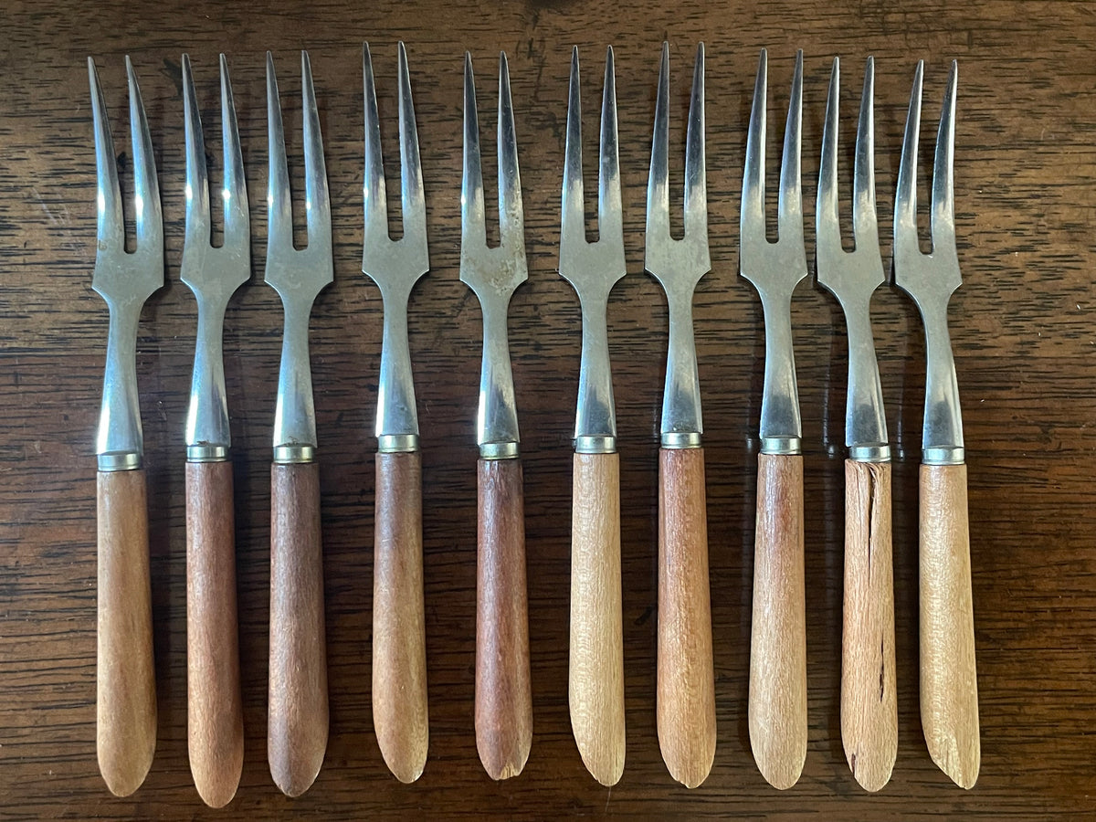 Vintage Japanese Wood & Stainless Cocktail Forks, Set of 10, c. 1960s