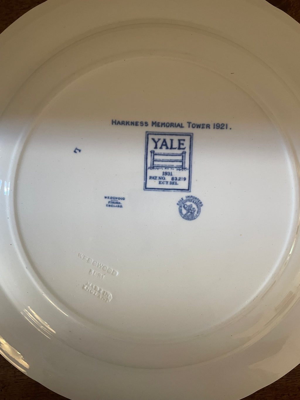 Antique 1931 Wedgwood Yale University Blue & White Dinner Plates, Set of 8