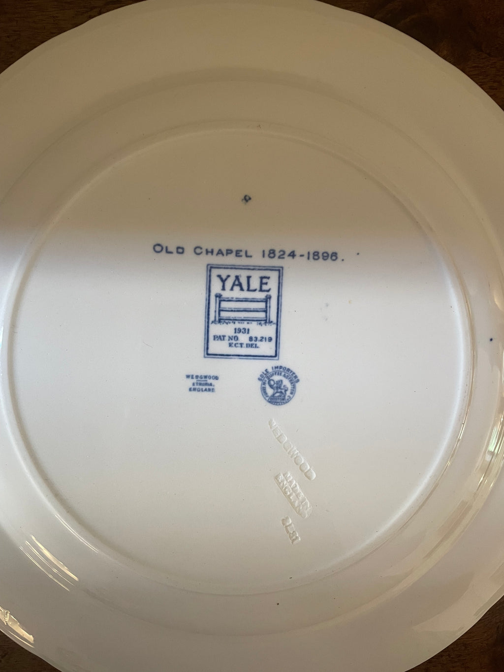 Antique 1931 Wedgwood Yale University Blue & White Dinner Plates, Set of 8