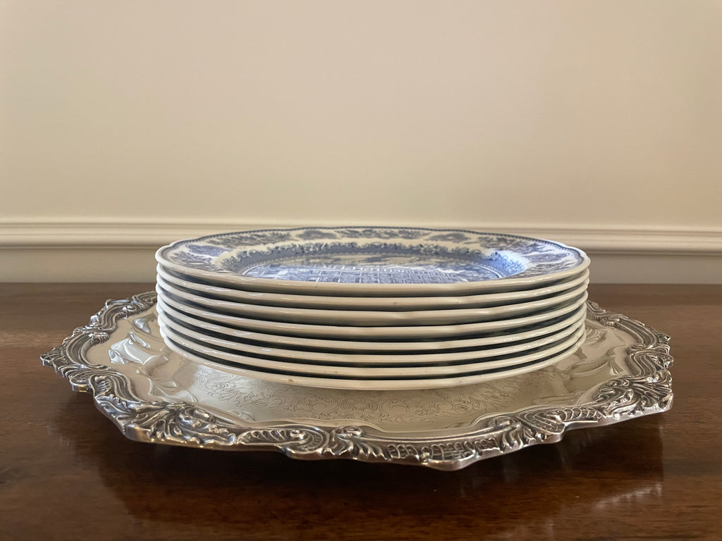 Antique 1931 Wedgwood Yale University Blue & White Dinner Plates, Set of 8
