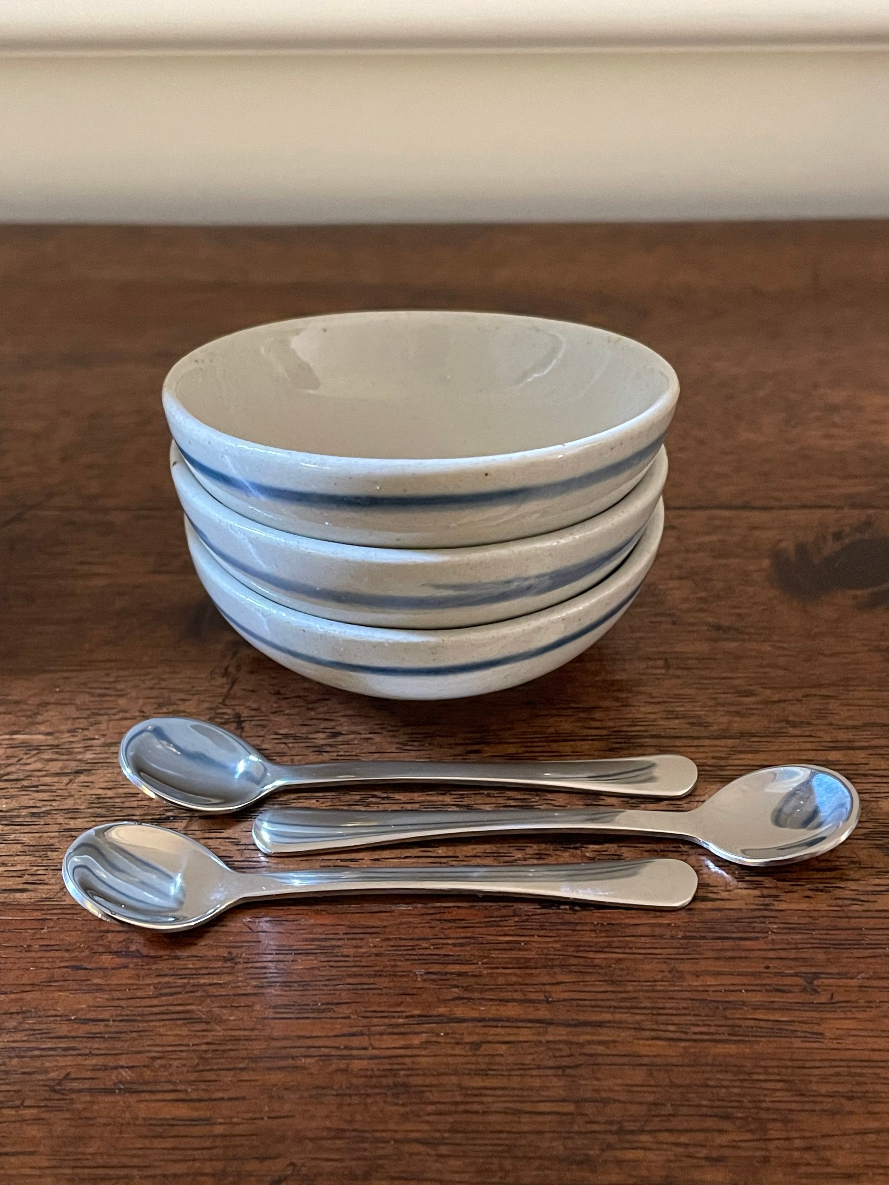 Vintage Hand-Painted Stoneware Salt Cellar Set with Mini Spoons, Set of 3