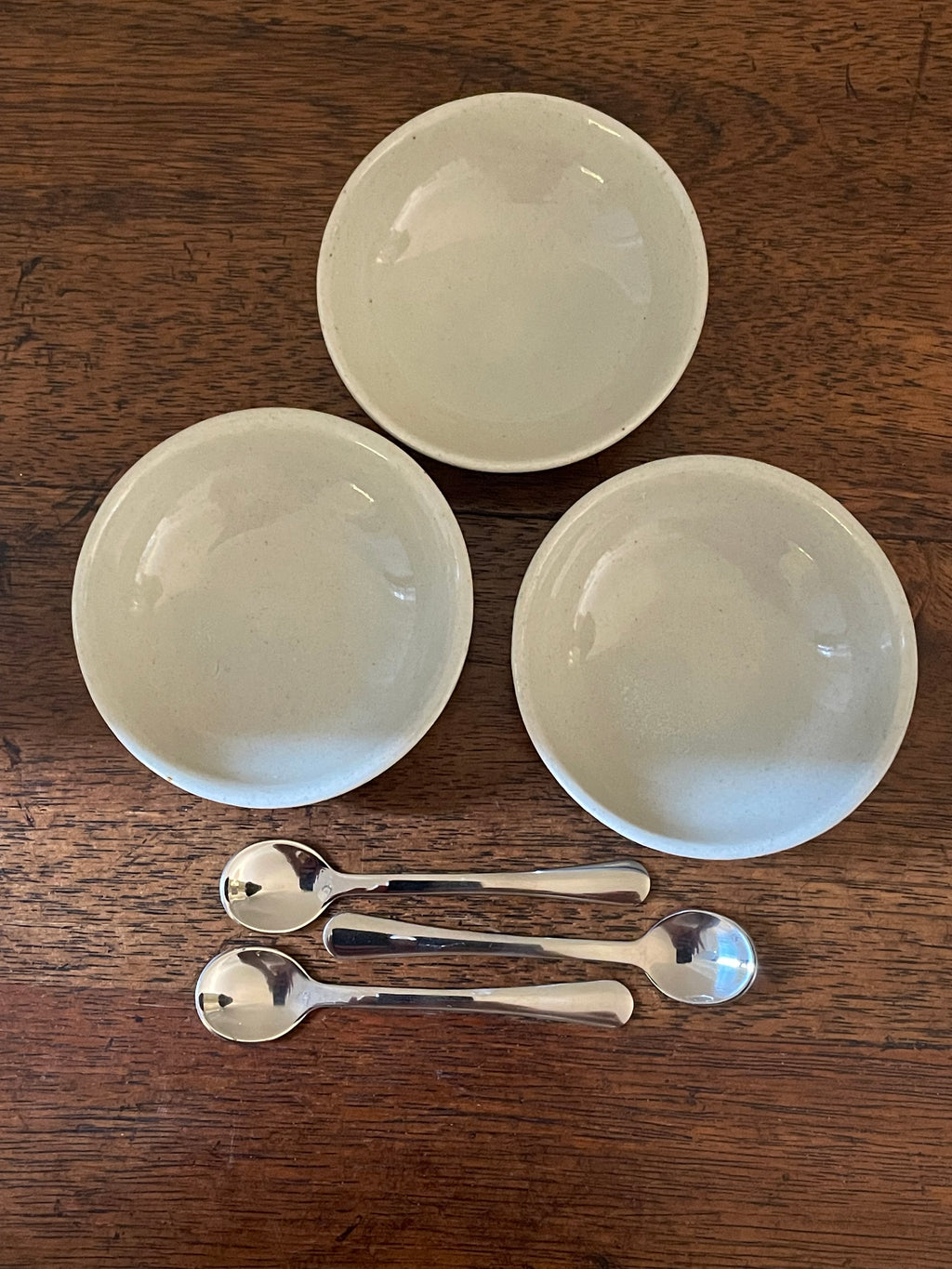 Vintage Hand-Painted Stoneware Salt Cellar Set with Mini Spoons, Set of 3
