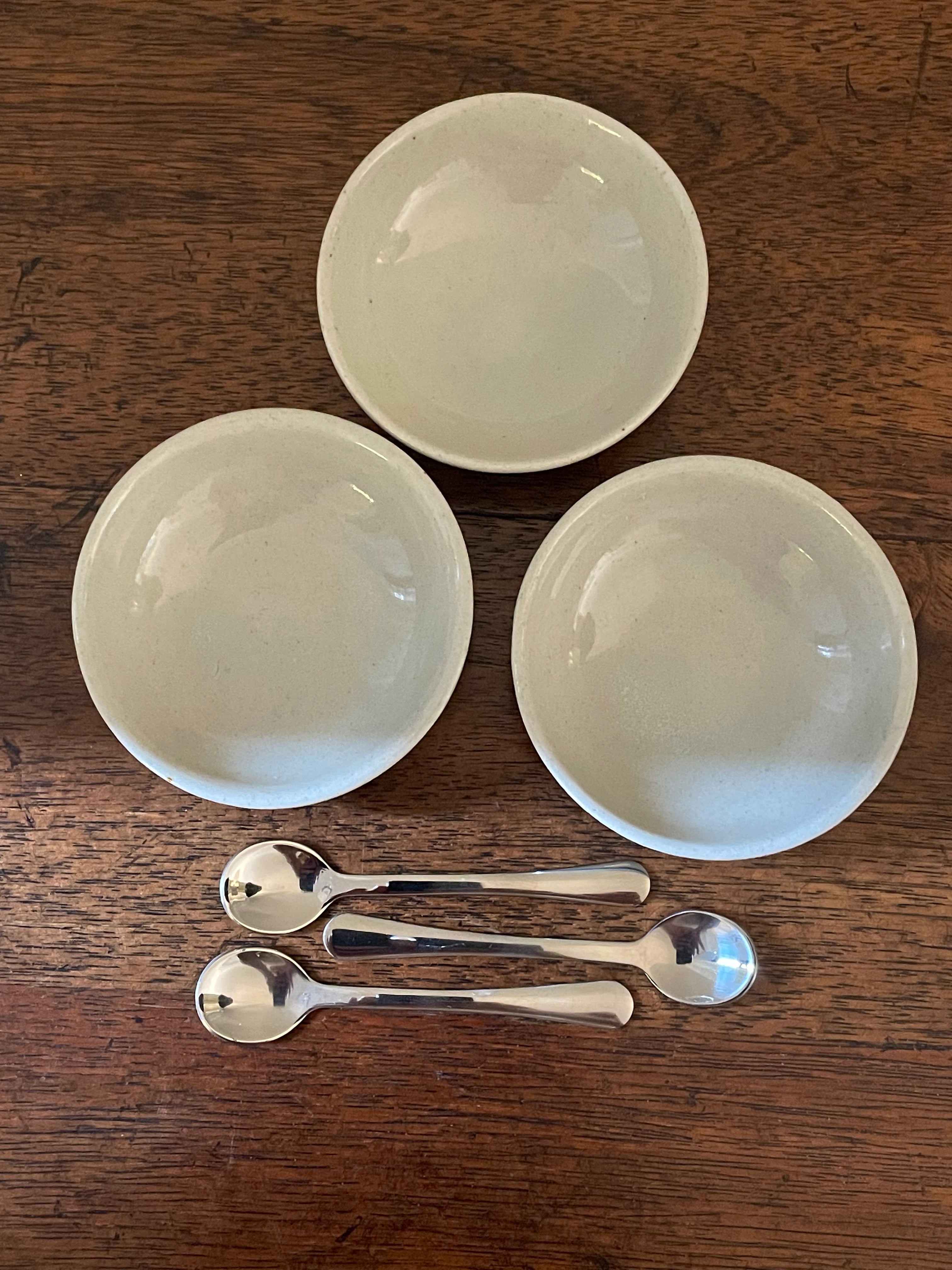 Vintage Hand-Painted Stoneware Salt Cellar Set with Mini Spoons, Set of 3