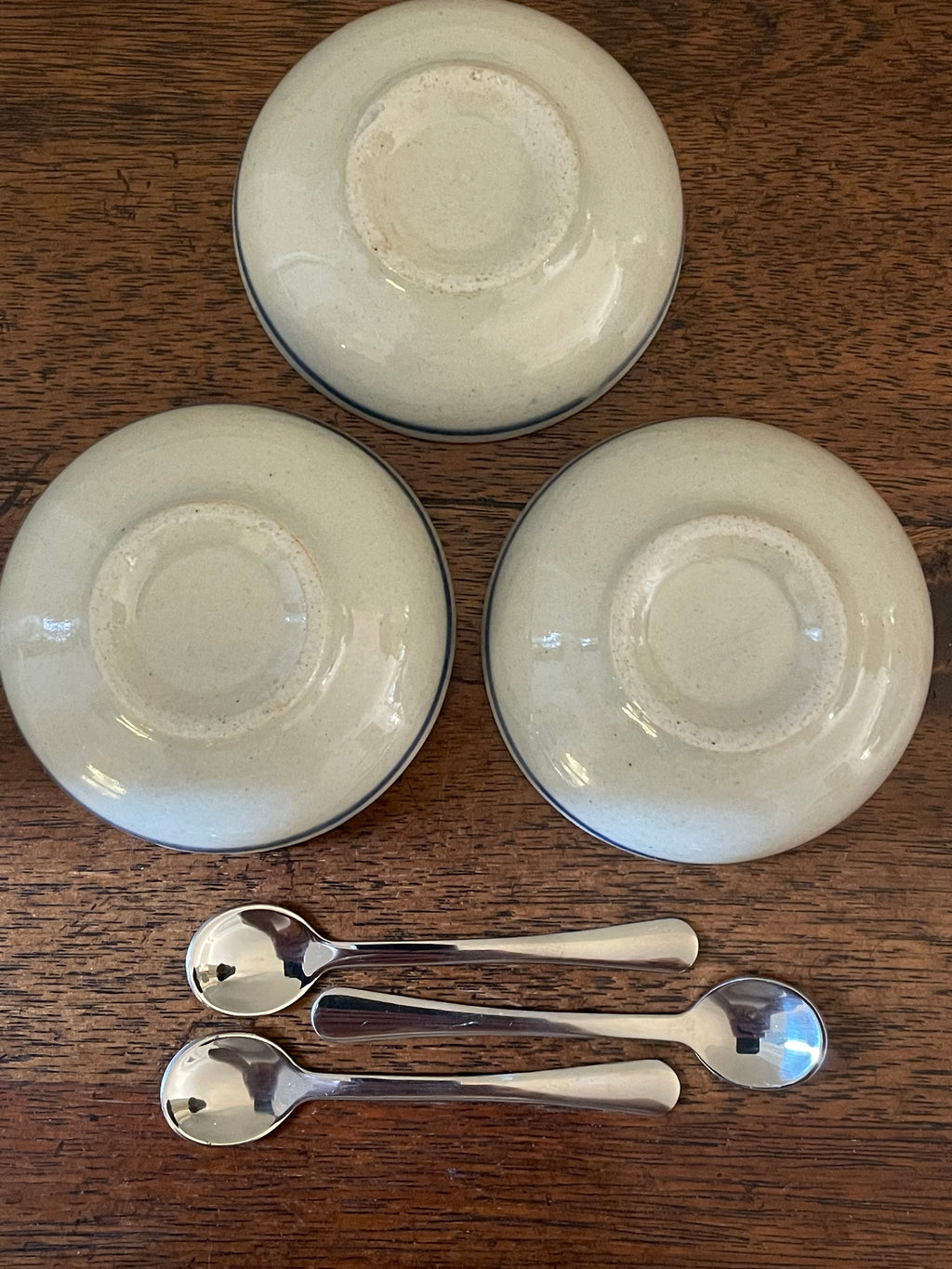 Vintage Hand-Painted Stoneware Salt Cellar Set with Mini Spoons, Set of 3