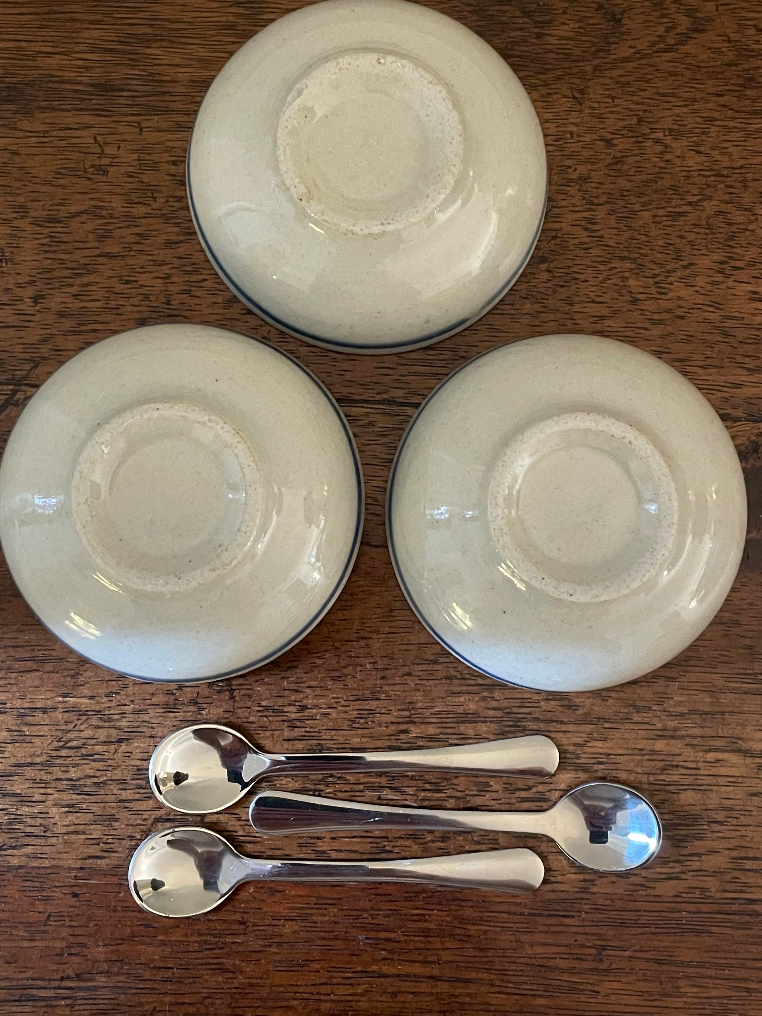 Vintage Hand-Painted Stoneware Salt Cellar Set with Mini Spoons, Set of 3