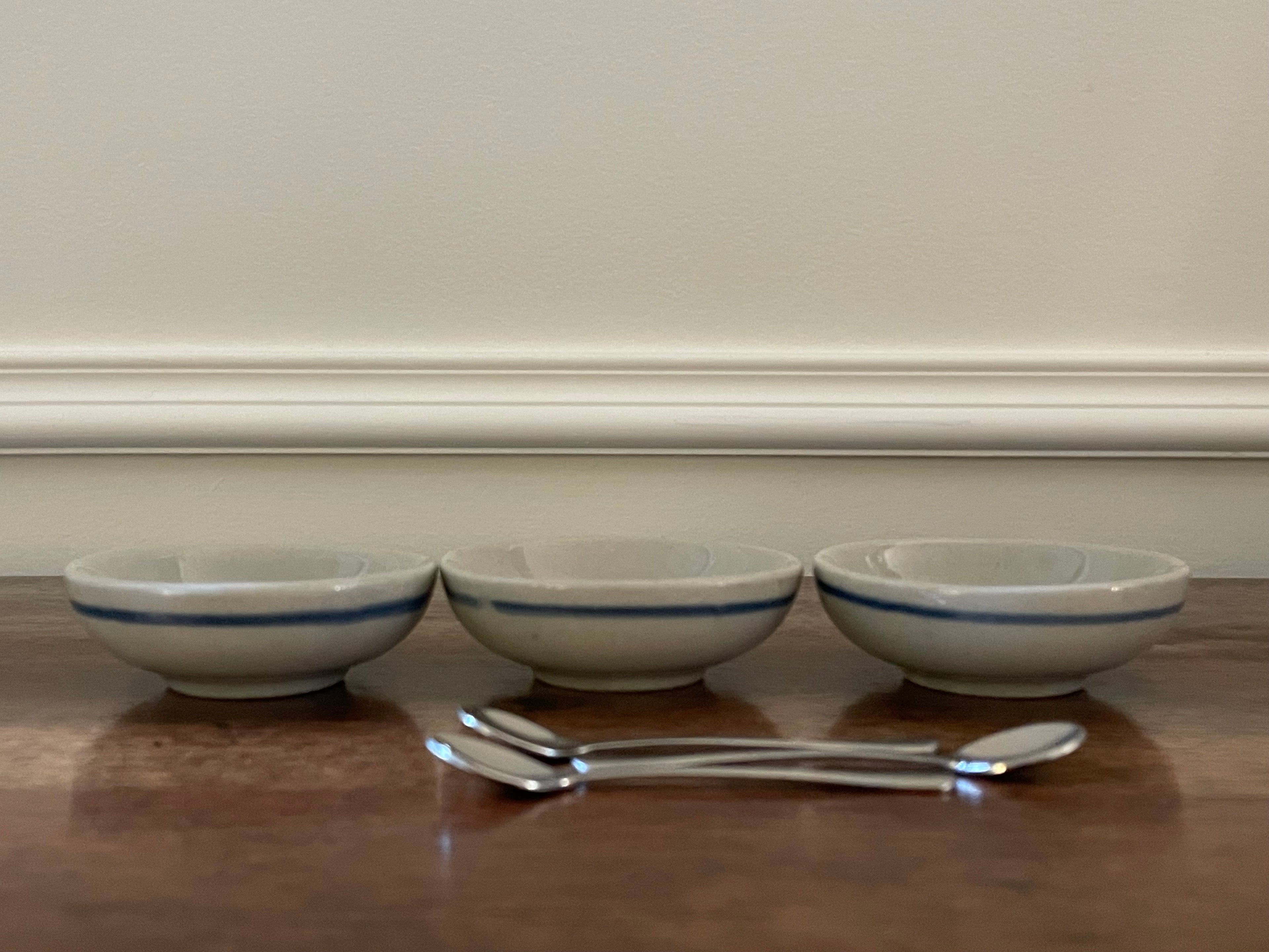 Vintage Hand-Painted Stoneware Salt Cellar Set with Mini Spoons, Set of 3