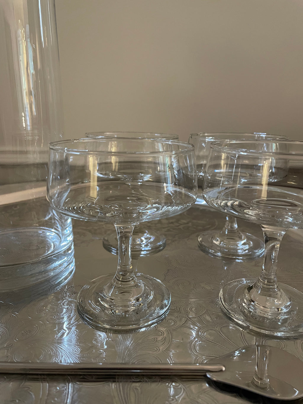 Vintage Blown Glass Martini Set, Pitcher, Four Coupes & Cocktail Stirrer