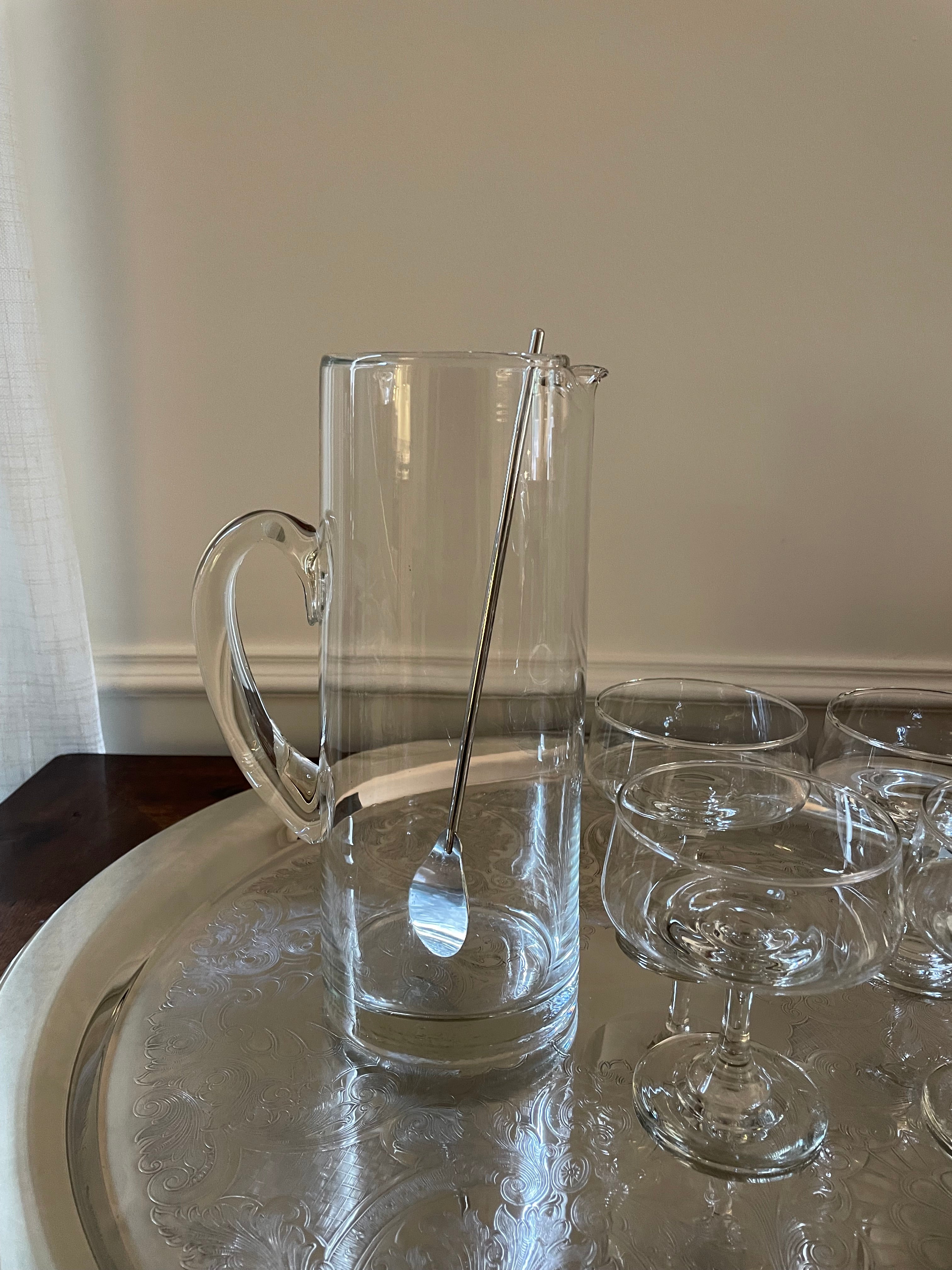 Vintage Blown Glass Martini Set, Pitcher, Four Coupes & Cocktail Stirrer