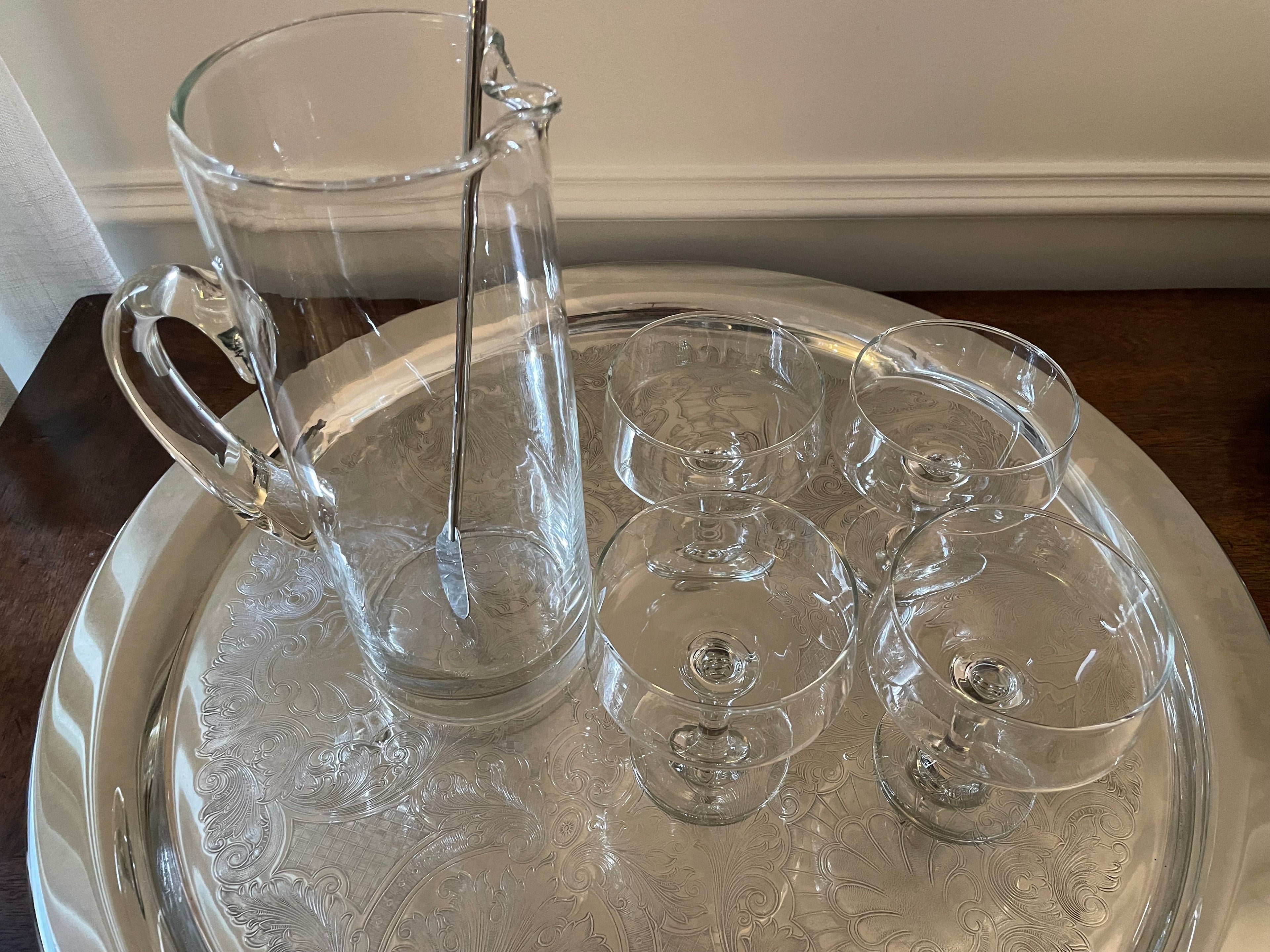 Vintage Blown Glass Martini Set, Pitcher, Four Coupes & Cocktail Stirrer