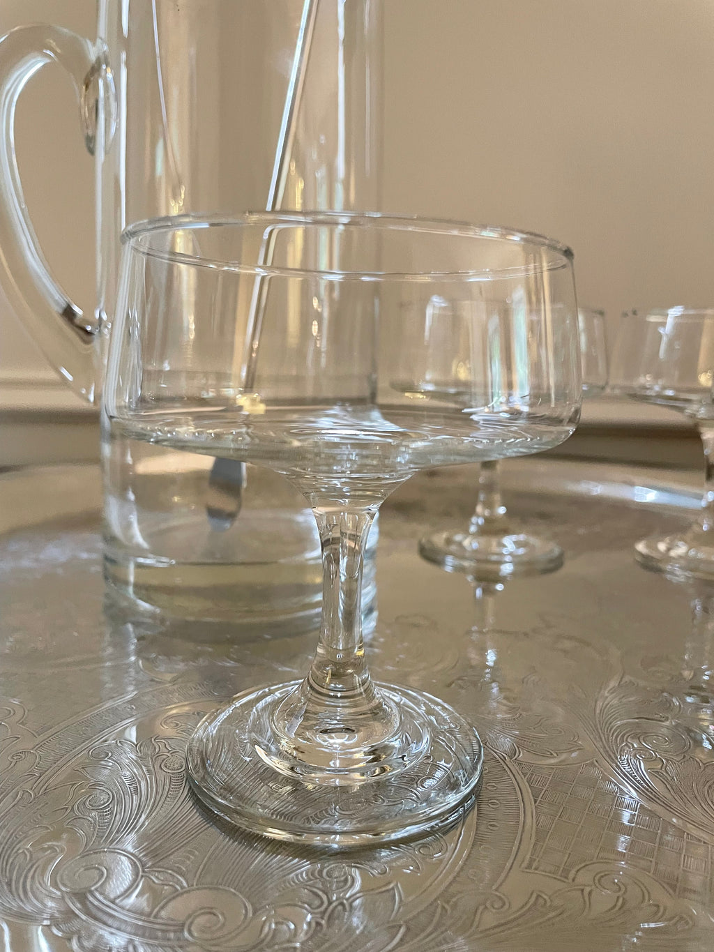 Vintage Blown Glass Martini Set, Pitcher, Four Coupes & Cocktail Stirrer