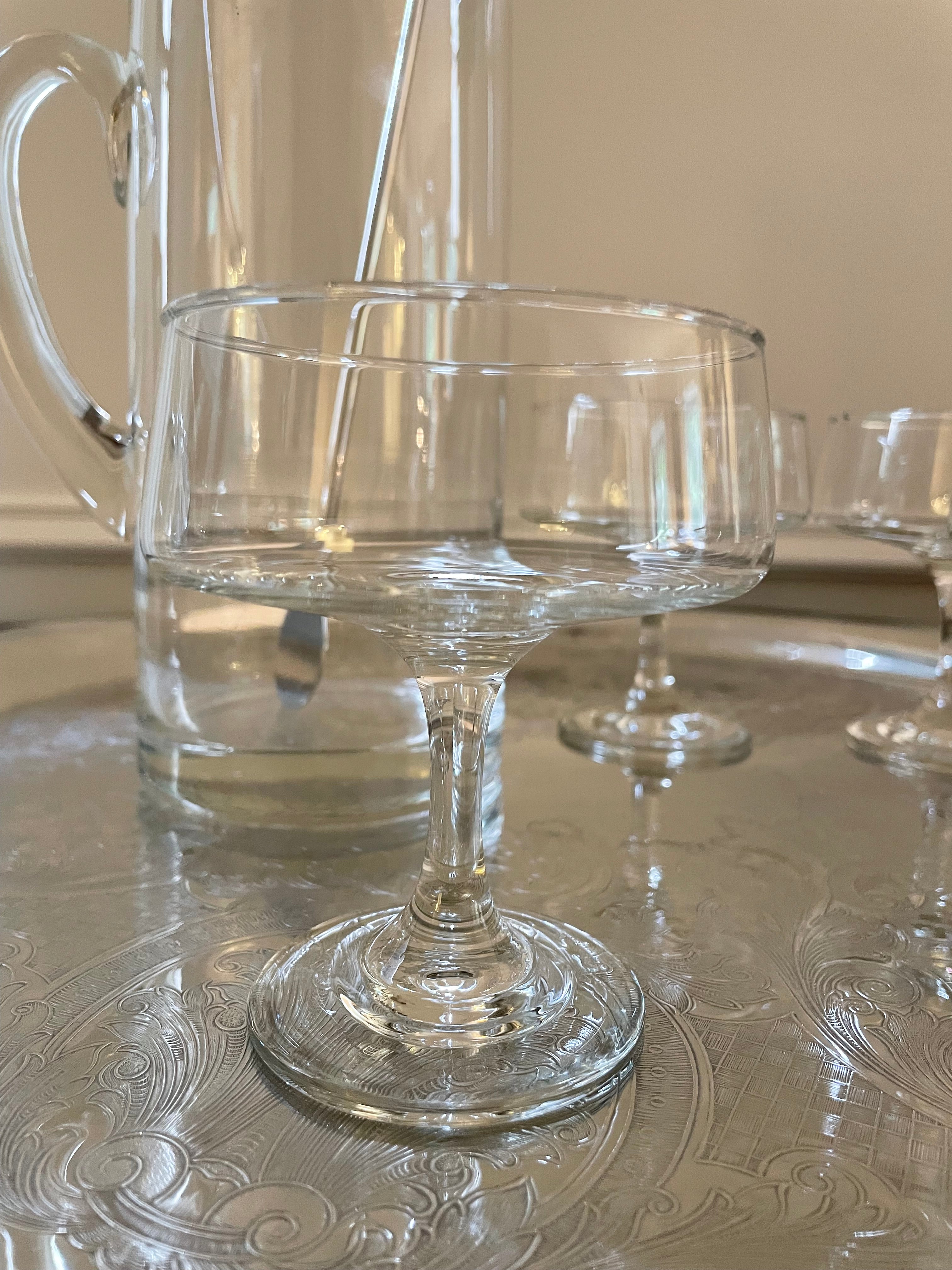 Vintage Blown Glass Martini Set, Pitcher, Four Coupes & Cocktail Stirrer