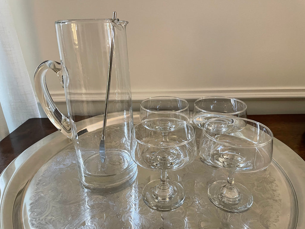 Vintage Blown Glass Martini Set, Pitcher, Four Coupes & Cocktail Stirrer