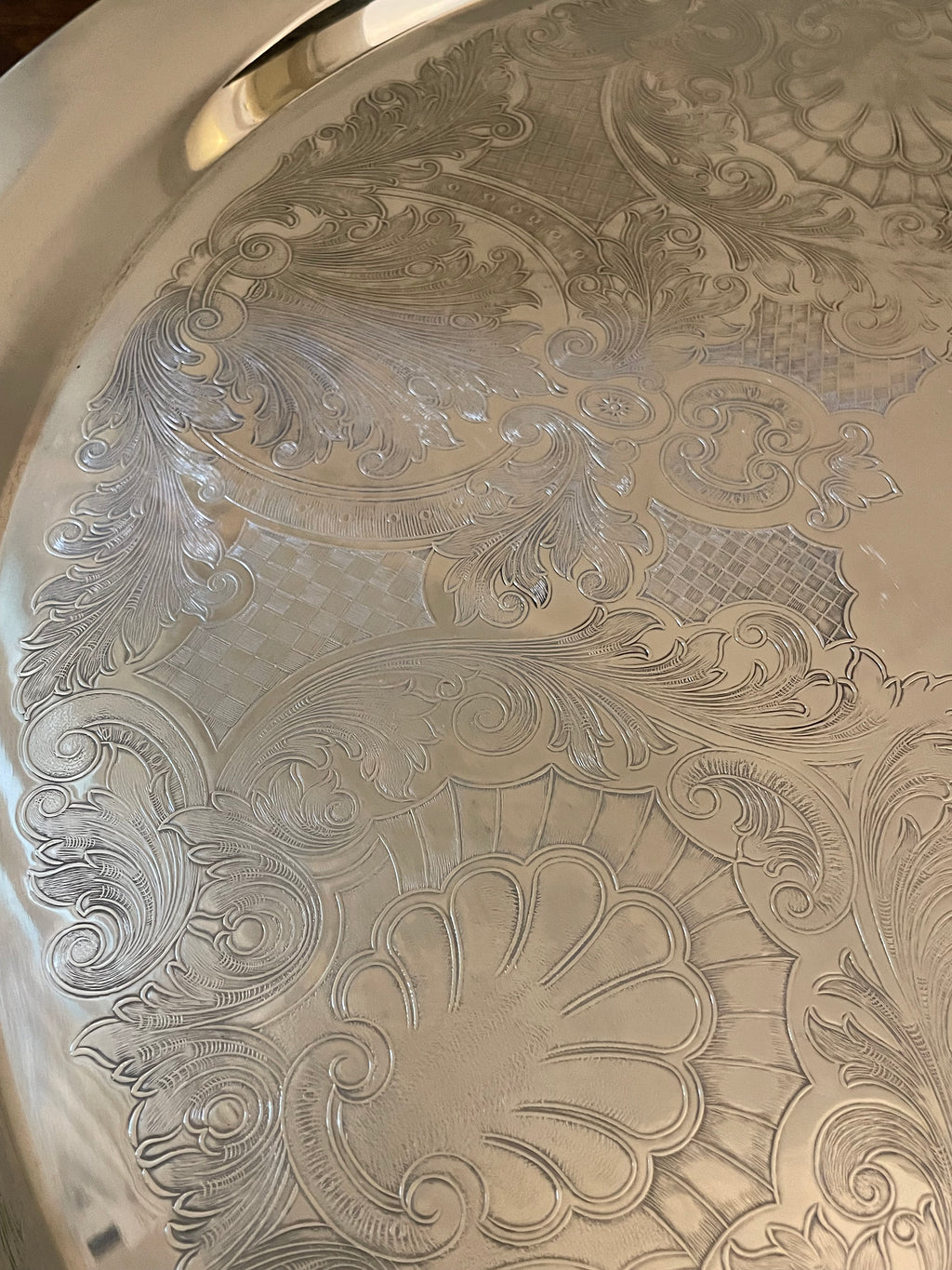 Vintage Oneida USA Silverplate Serving Tray , Oversized 19" Ornate Floral Round Tray