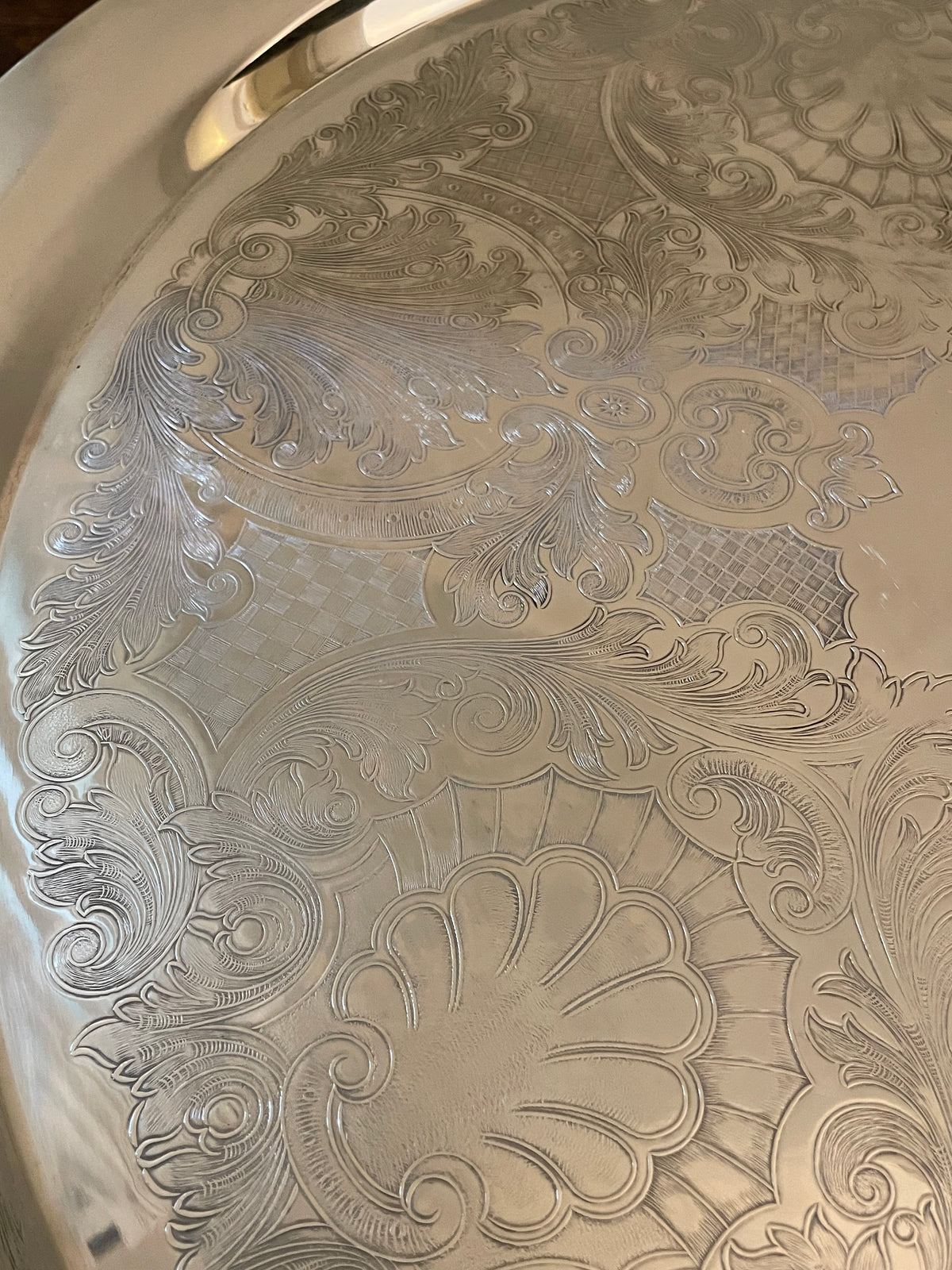 Vintage Oneida USA Silverplate Serving Tray , Oversized 19" Ornate Floral Round Tray