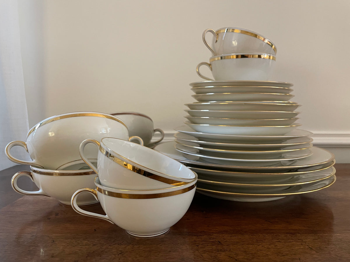 Antique C.M. Hutschenreuther Hohenberg Bavaria Ivory & Gold Porcelain Dinner & Tea Service for Four, c. 1920s–1930s