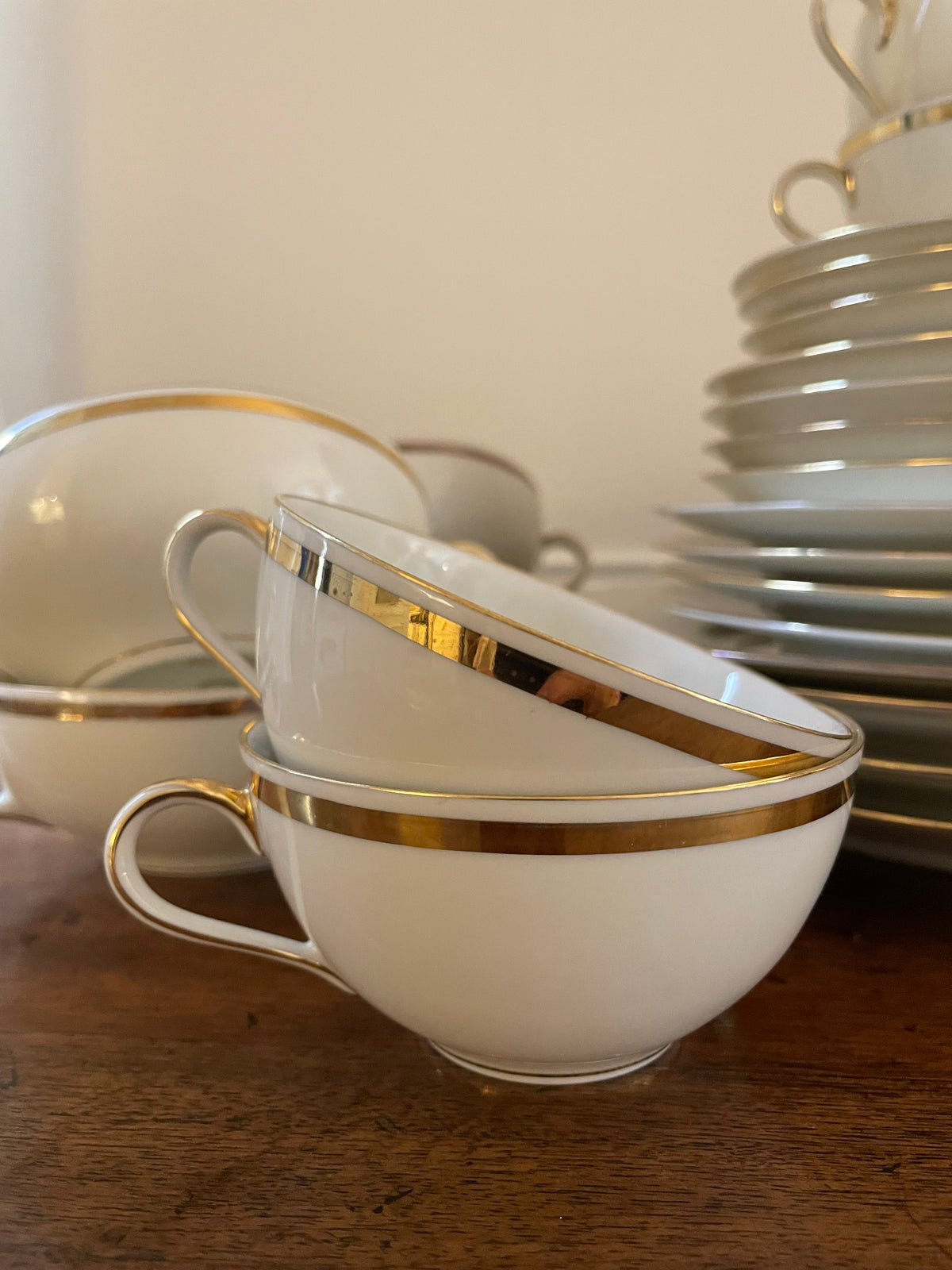 Antique C.M. Hutschenreuther Hohenberg Bavaria Ivory & Gold Porcelain Dinner & Tea Service for Four, c. 1920s–1930s