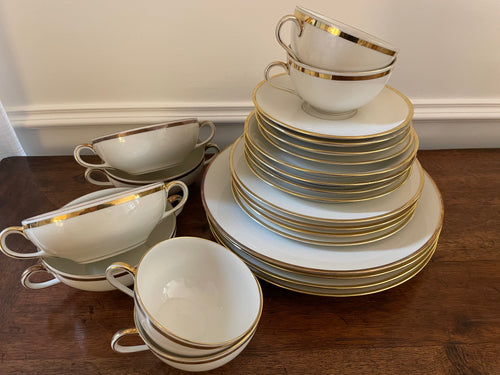 Antique C.M. Hutschenreuther Hohenberg Bavaria Ivory & Gold Porcelain Dinner & Tea Service for Four, c. 1920s–1930s