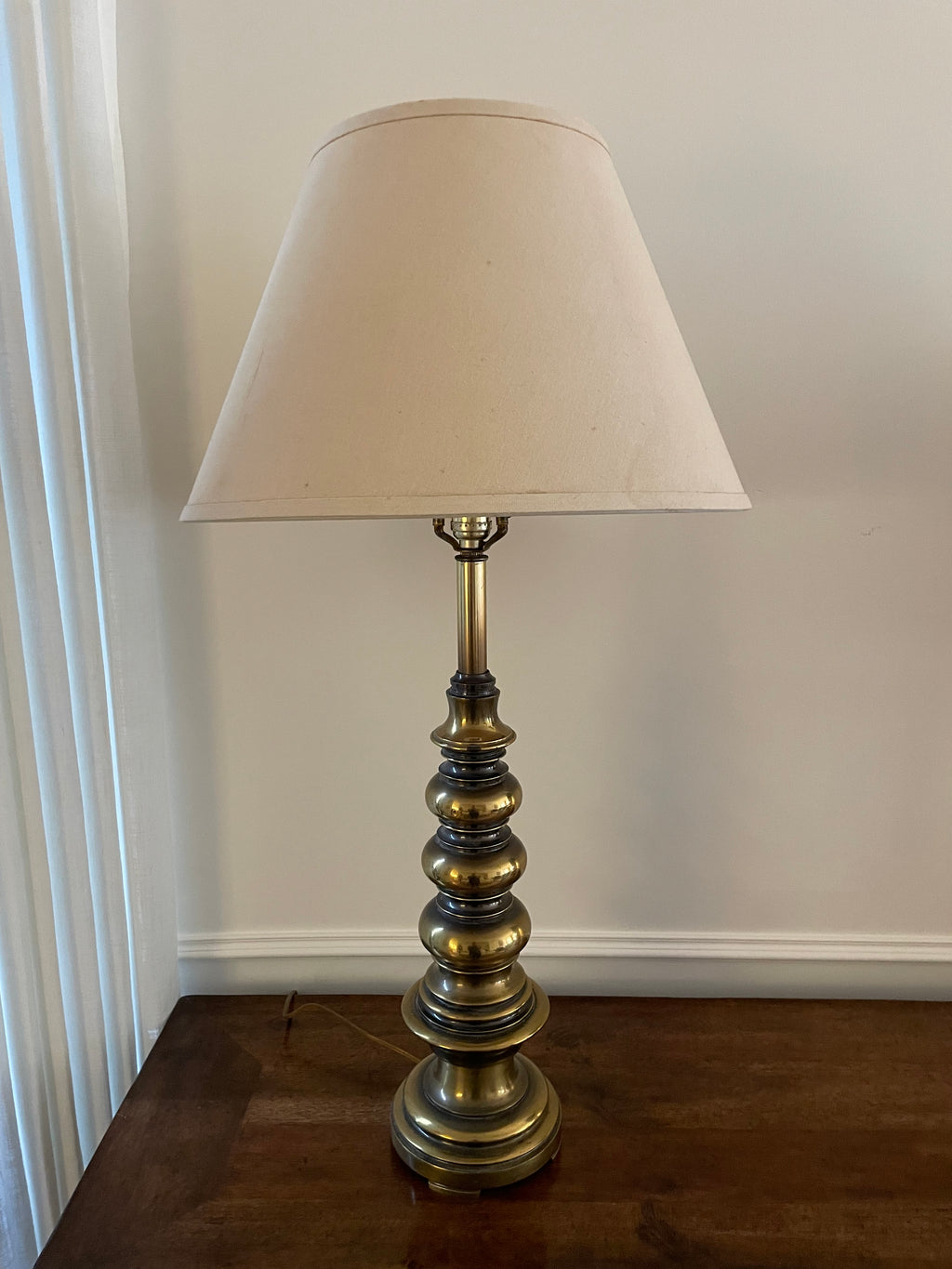 Large Vintage Stiffel Solid Brass Table Lamp with Vintage Natural Cloth Shade, 34" Sculptural Baluster Form