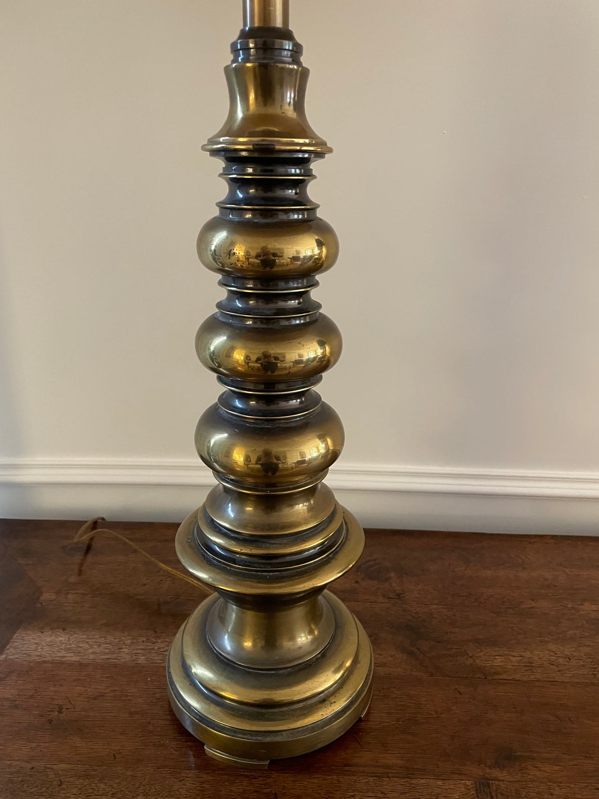 Large Vintage Stiffel Solid Brass Table Lamp with Vintage Natural Cloth Shade, 34" Sculptural Baluster Form