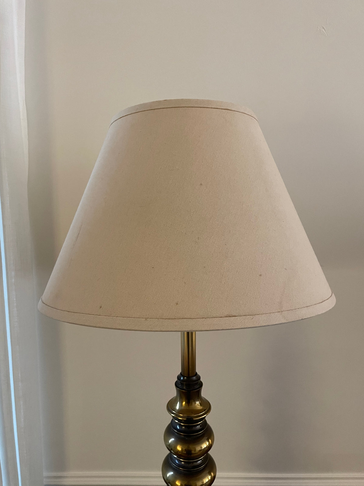 Large Vintage Stiffel Solid Brass Table Lamp with Vintage Natural Cloth Shade, 34" Sculptural Baluster Form