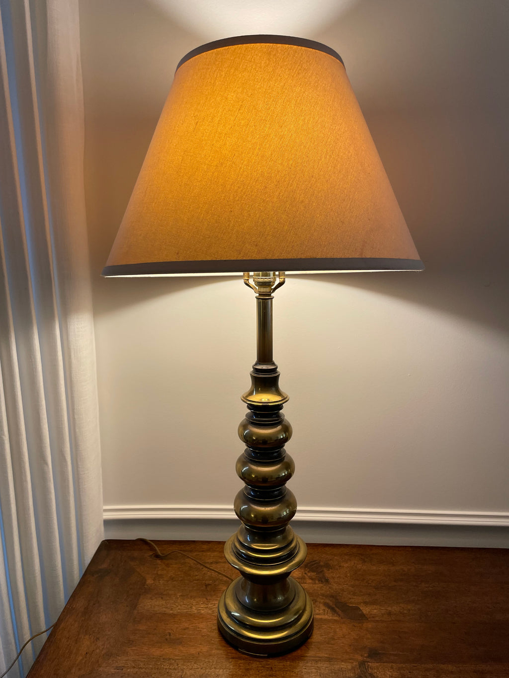 Large Vintage Stiffel Solid Brass Table Lamp with Vintage Natural Cloth Shade, 34" Sculptural Baluster Form