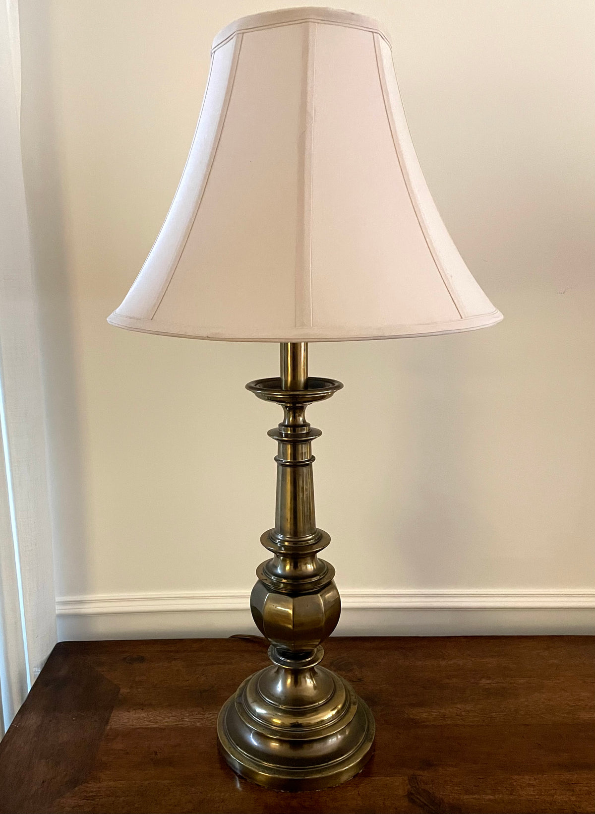 Large Vintage Stiffel Solid Brass Table Lamp with Original Ivory Fabric Shade, 32"